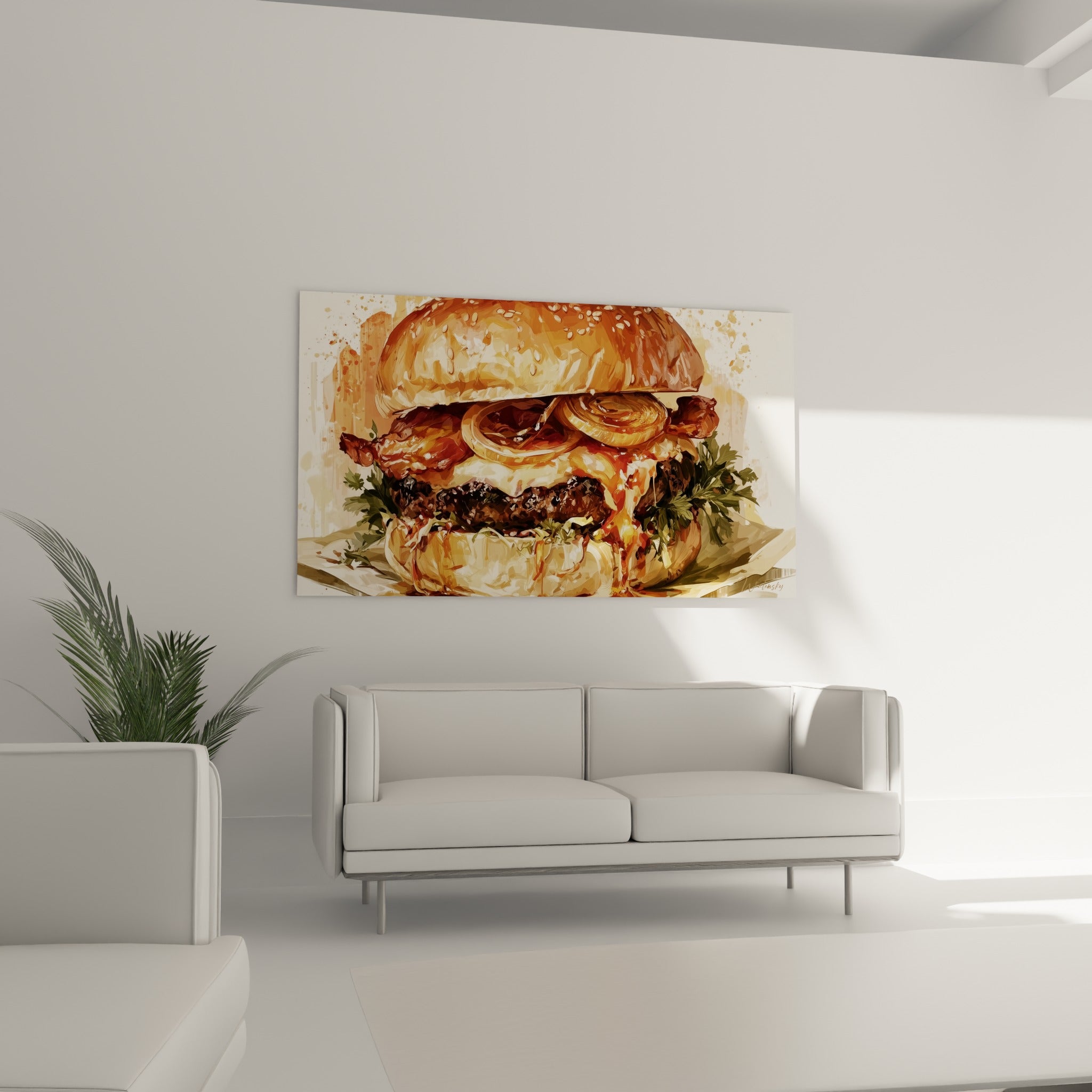 Oignons caramélisés et bacon grillé ornent ce burger accroché au-dessus d'un canapé dans un salon lumineux
