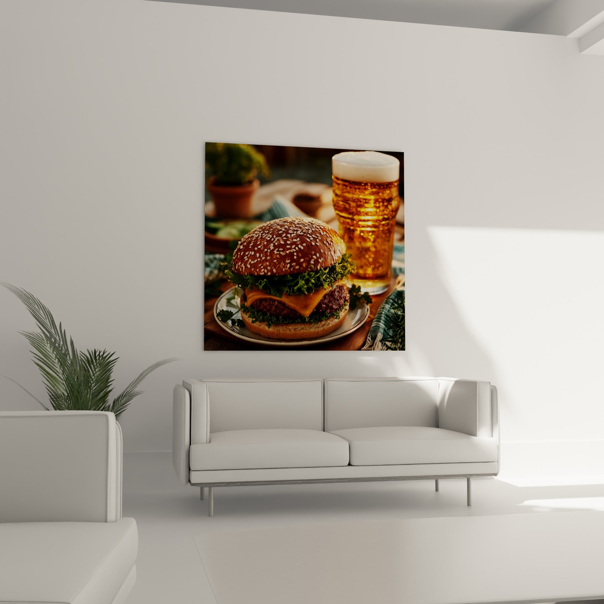 Mousse blanche et bière ambrée près d'un burger grillé, suspendu au-dessus d'un canapé dans un salon lumineux
