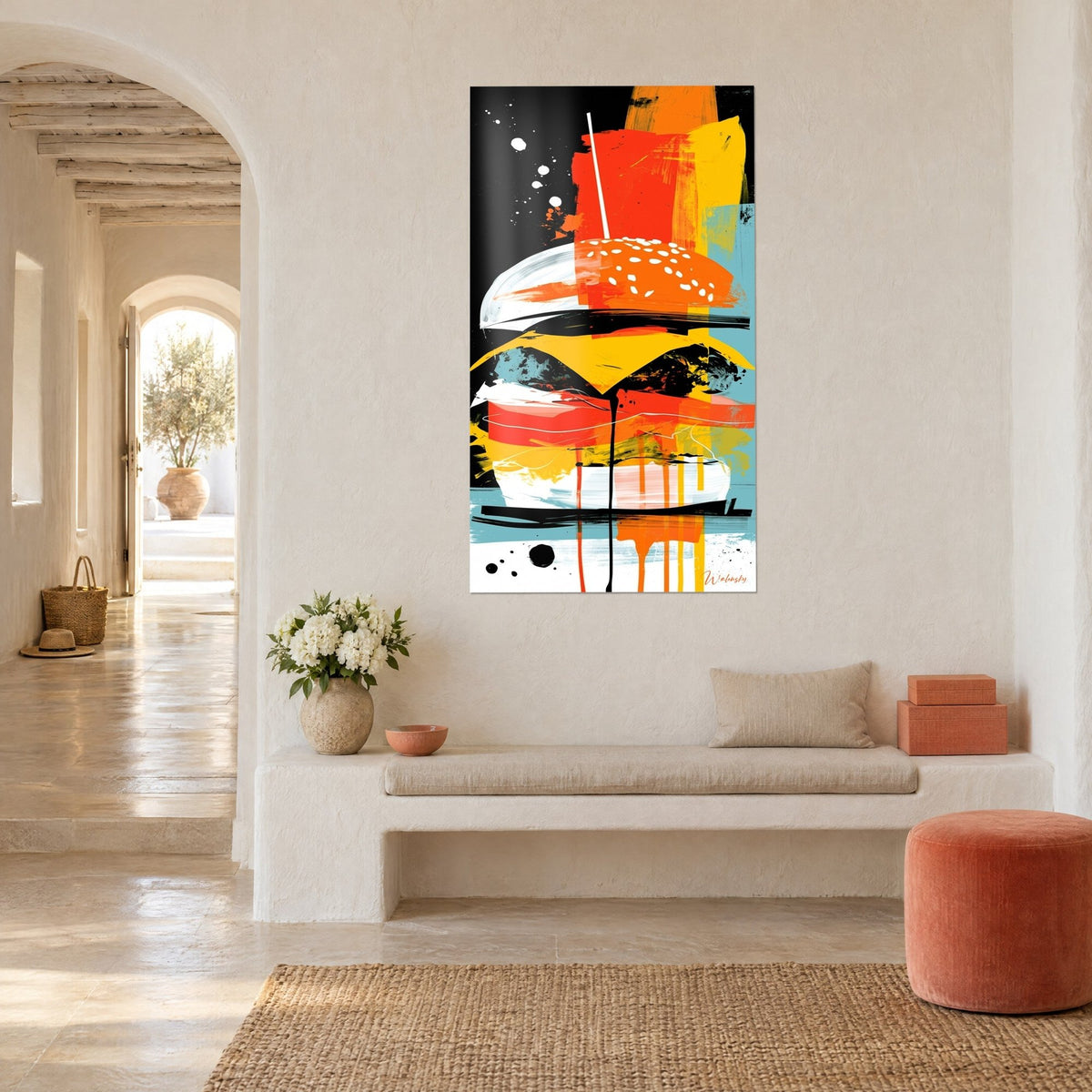 Quadro hamburger in stile graffiti, panino con semi bianchi arancio vivo, formaggio giallo e colature, vista a tre quarti, panchina bianca e arco