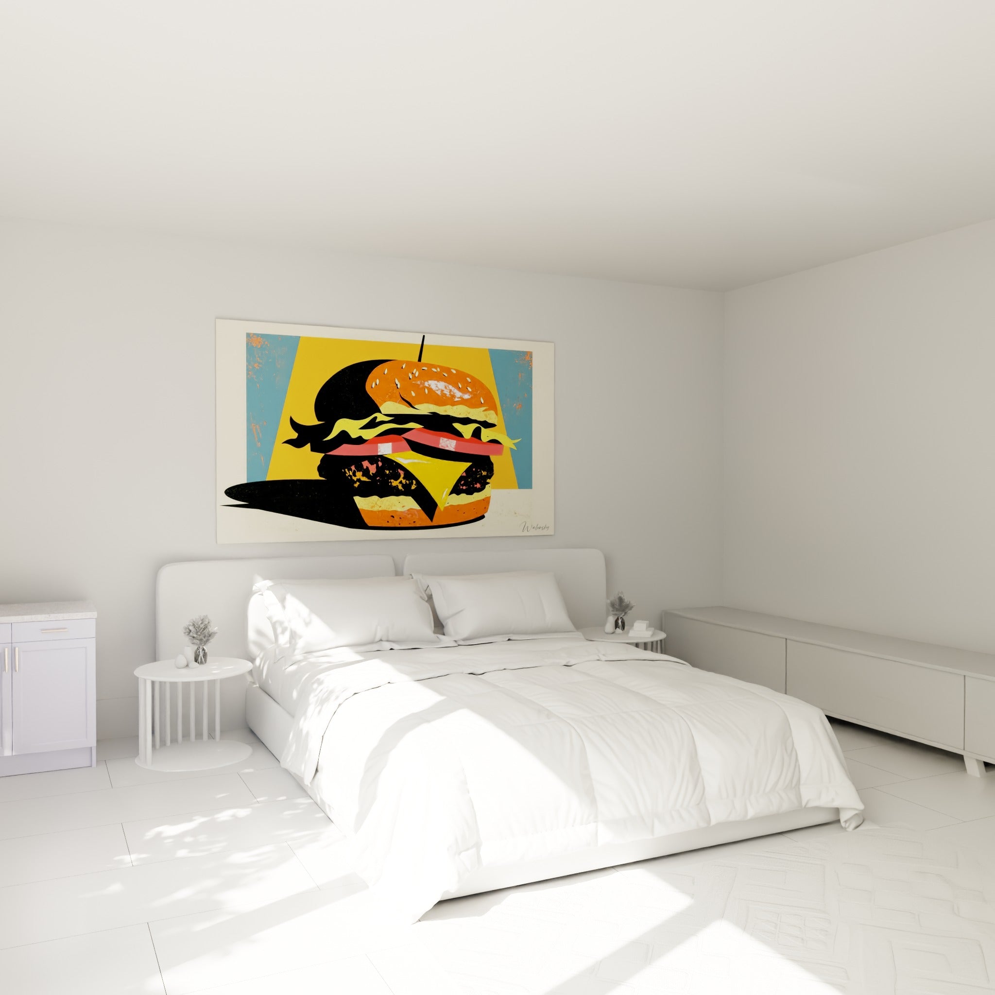 Cheeseburger stylisé orange et noir accroché au-dessus d'un lit dans une chambre claire et épurée