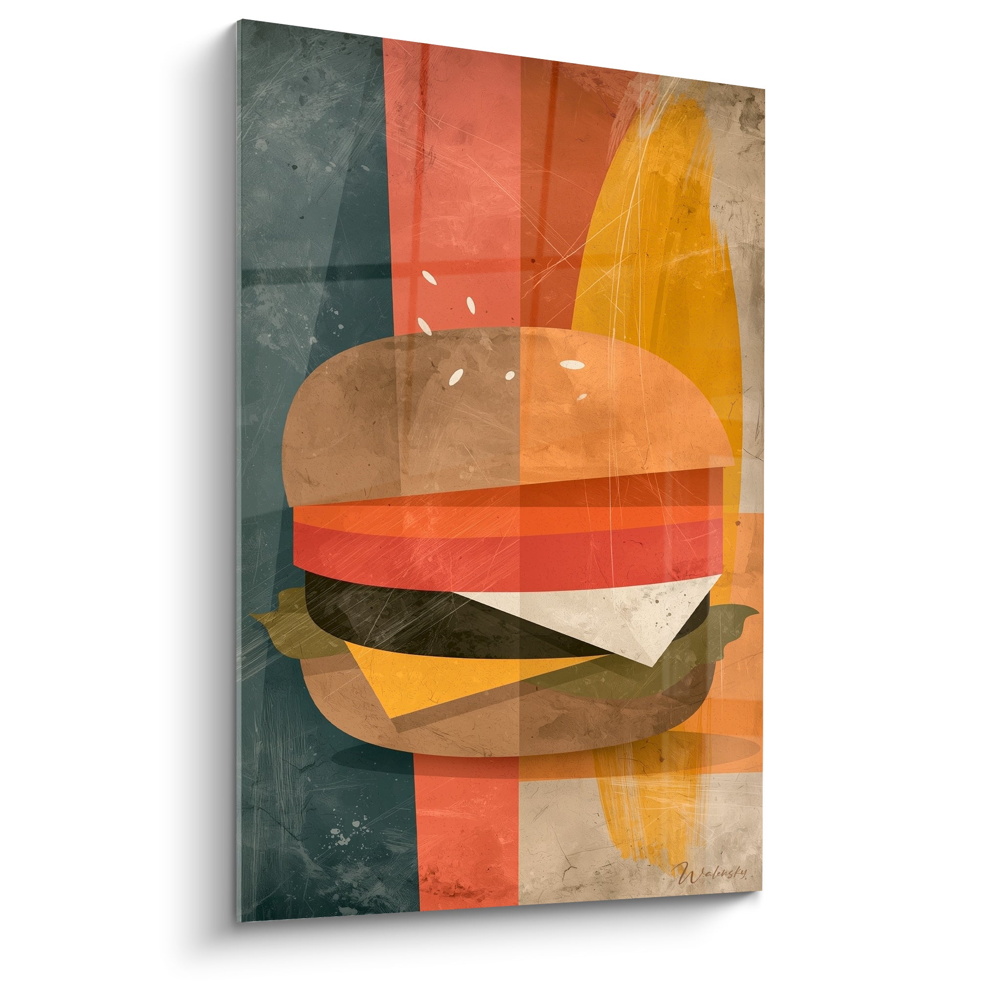 Burger stylisé aux tons ocre et bleu pétrole sur fond de bandes graphiques rétro