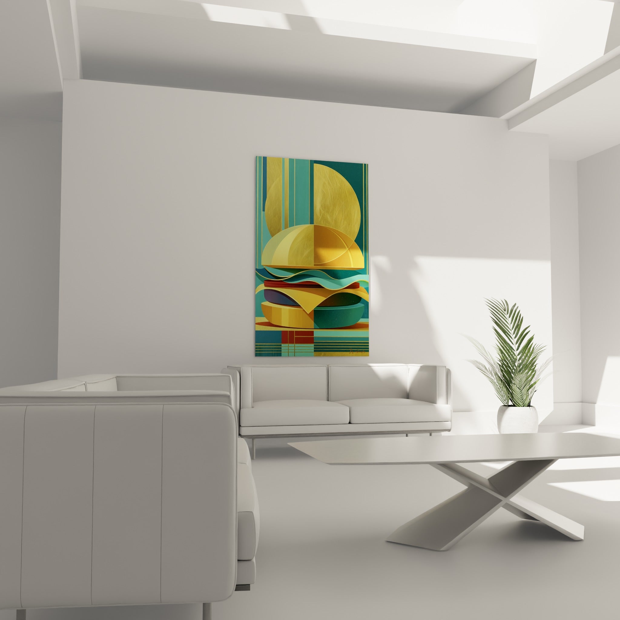 Formes dorées et bordeaux d'un burger graphique au-dessus d'un canapé dans un salon lumineux