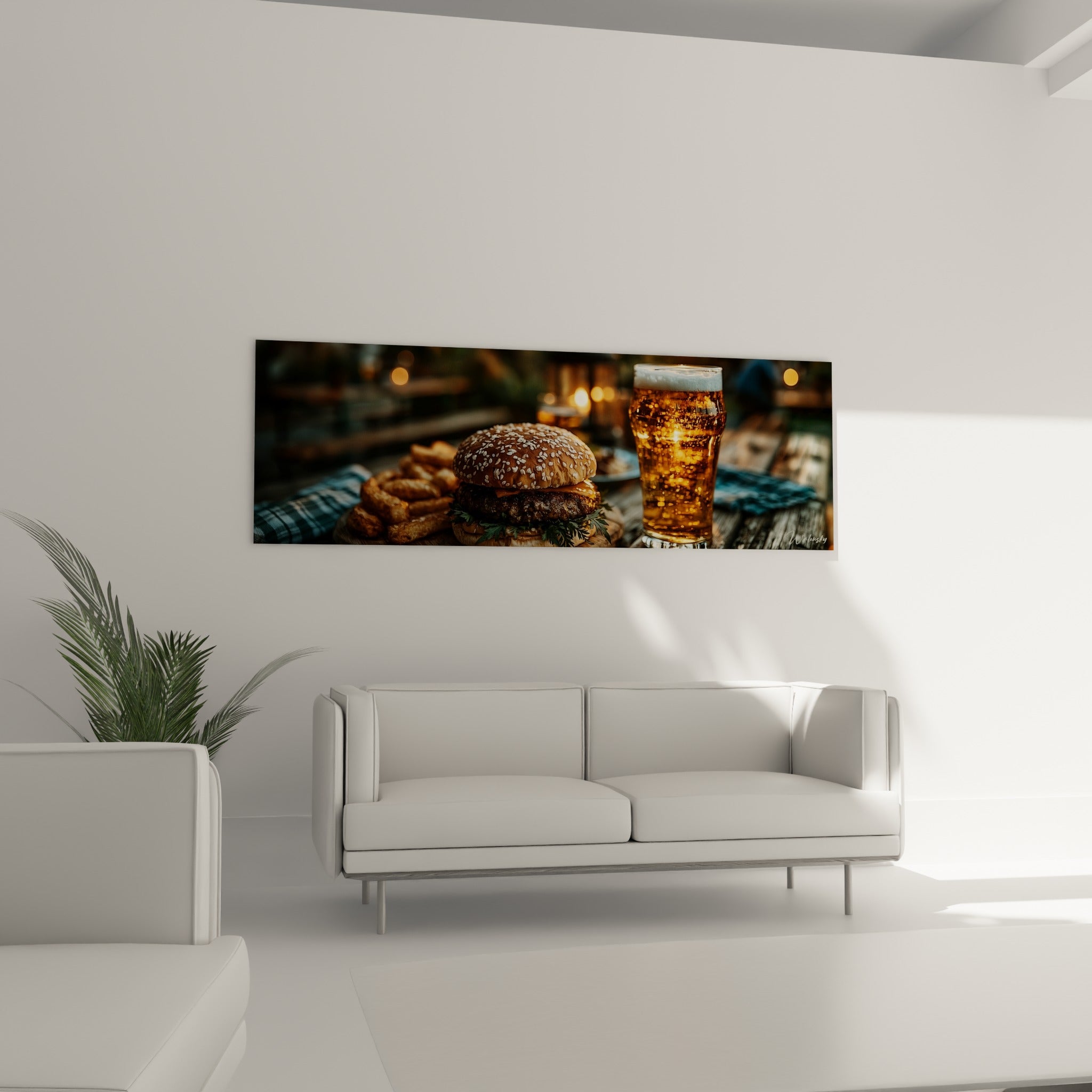 Burger caramel et bière dorée pétillante au-dessus d'un canapé dans un salon lumineux