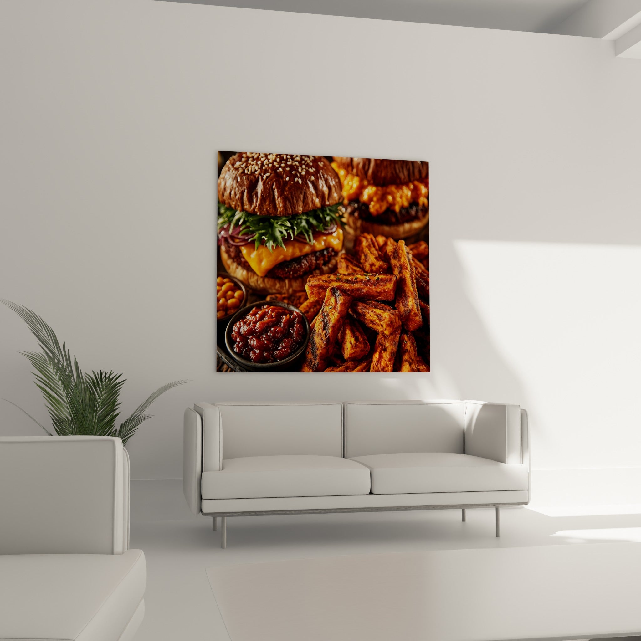 Sandwich gourmand aux tons brun caramel et orange vif, disposé au-dessus d'un canapé dans un salon lumineux