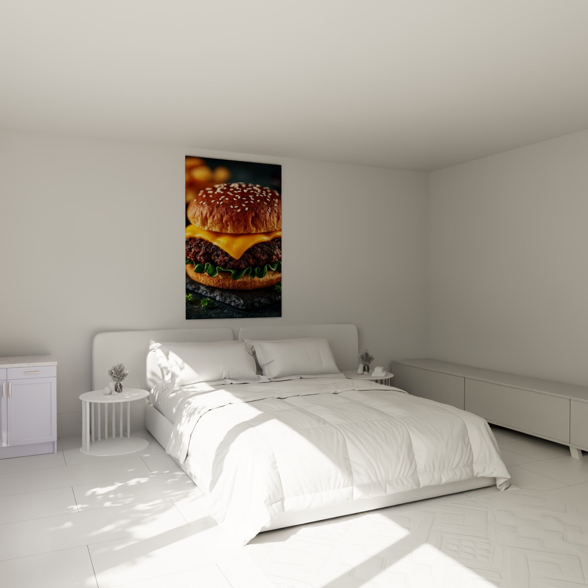 Cheeseburger caramel et jaune fondant, gousses de sésame dorées, au-dessus d'un lit dans une chambre claire