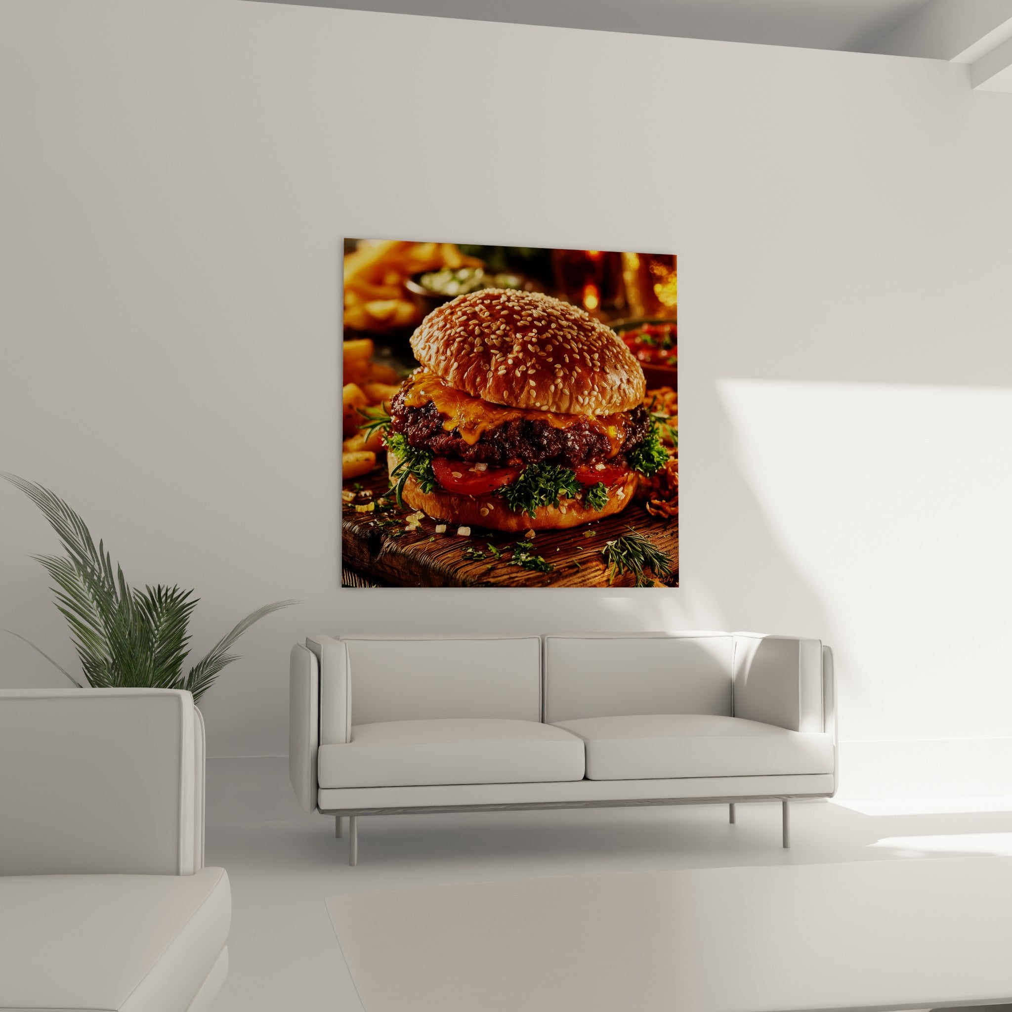 Viande grillée et fromage fondu d'un burger appétissant au-dessus d'un canapé dans un salon lumineux