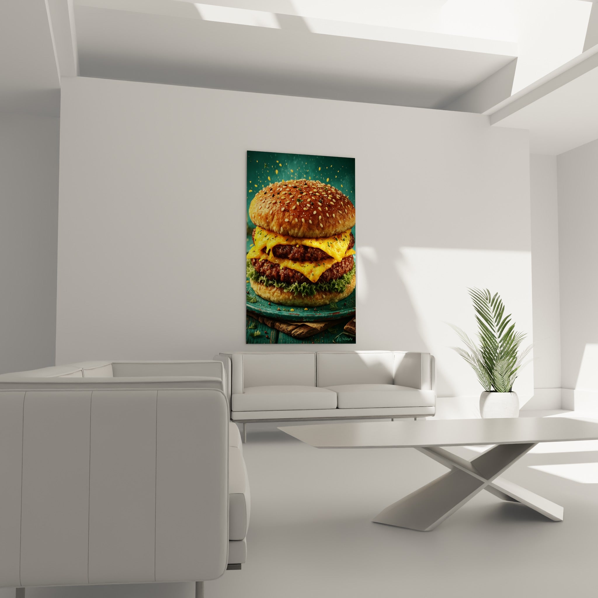 Pain brioché sésame et cheddar fondu jaune au-dessus d'un canapé dans un salon lumineux