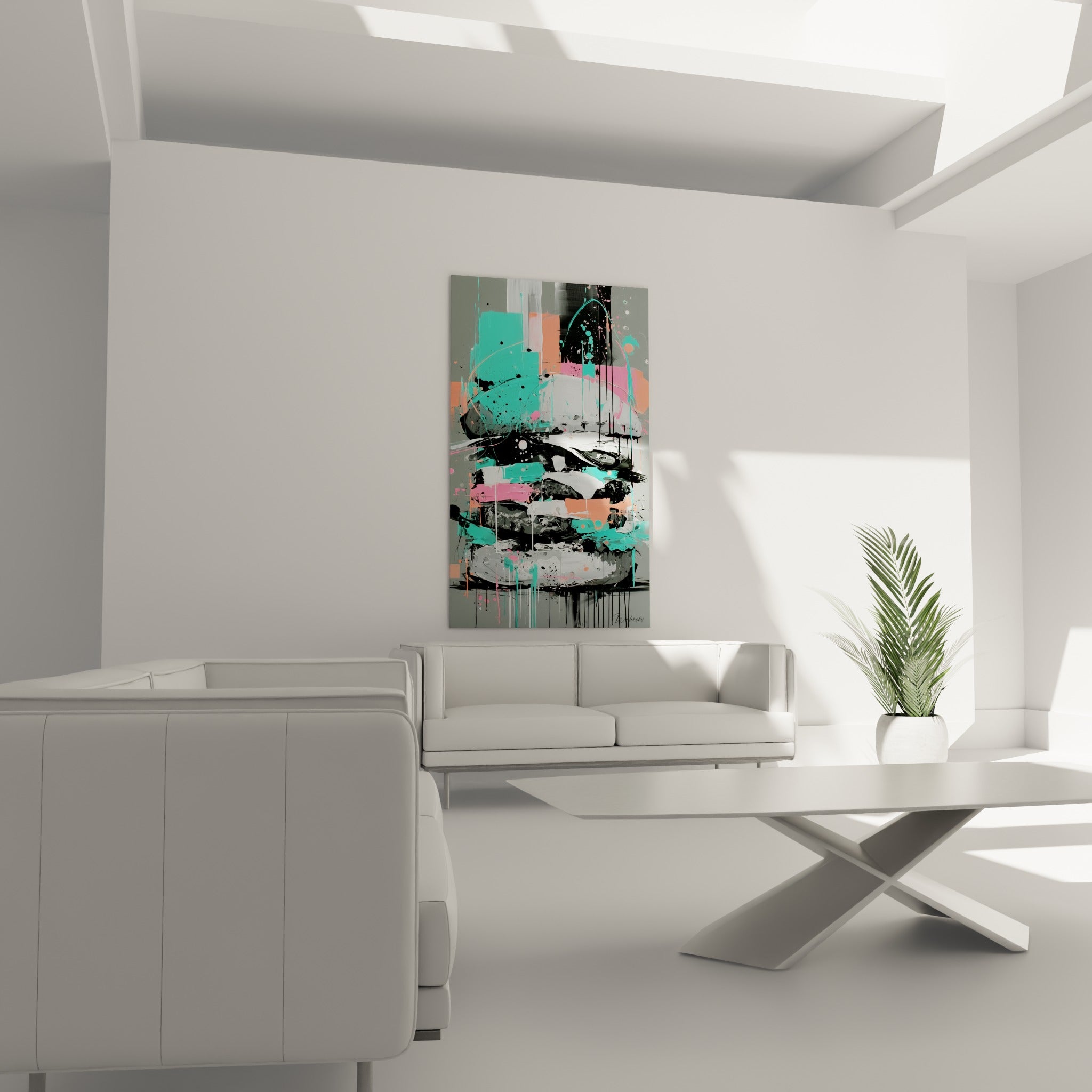 Composition gestuelle rose et turquoise accrochée au-dessus d'un canapé dans un salon lumineux