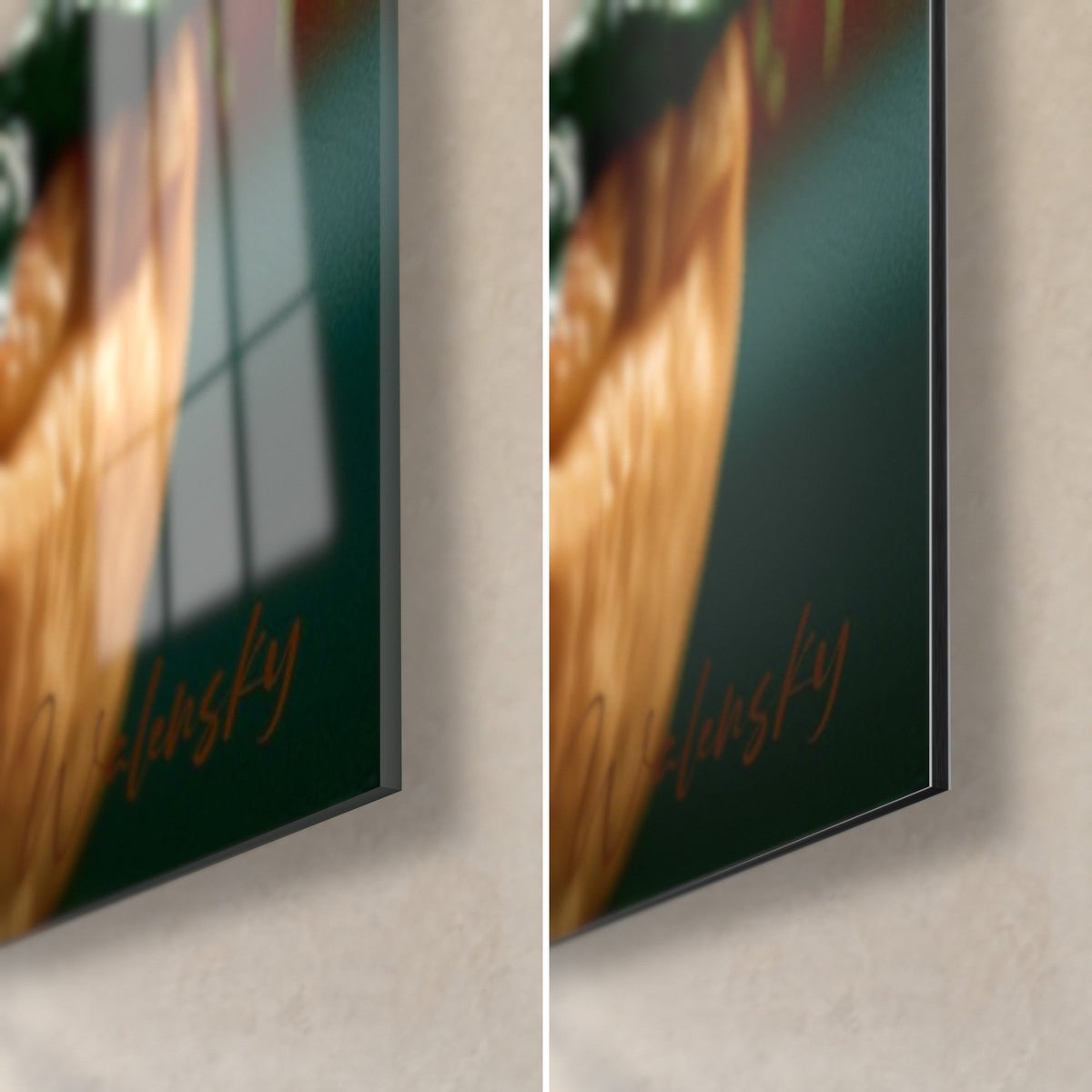 Tableau hamburger glacé, coin bas droit : verre brillant à gauche, alu Dibond mat à droite, tranche vert profond
