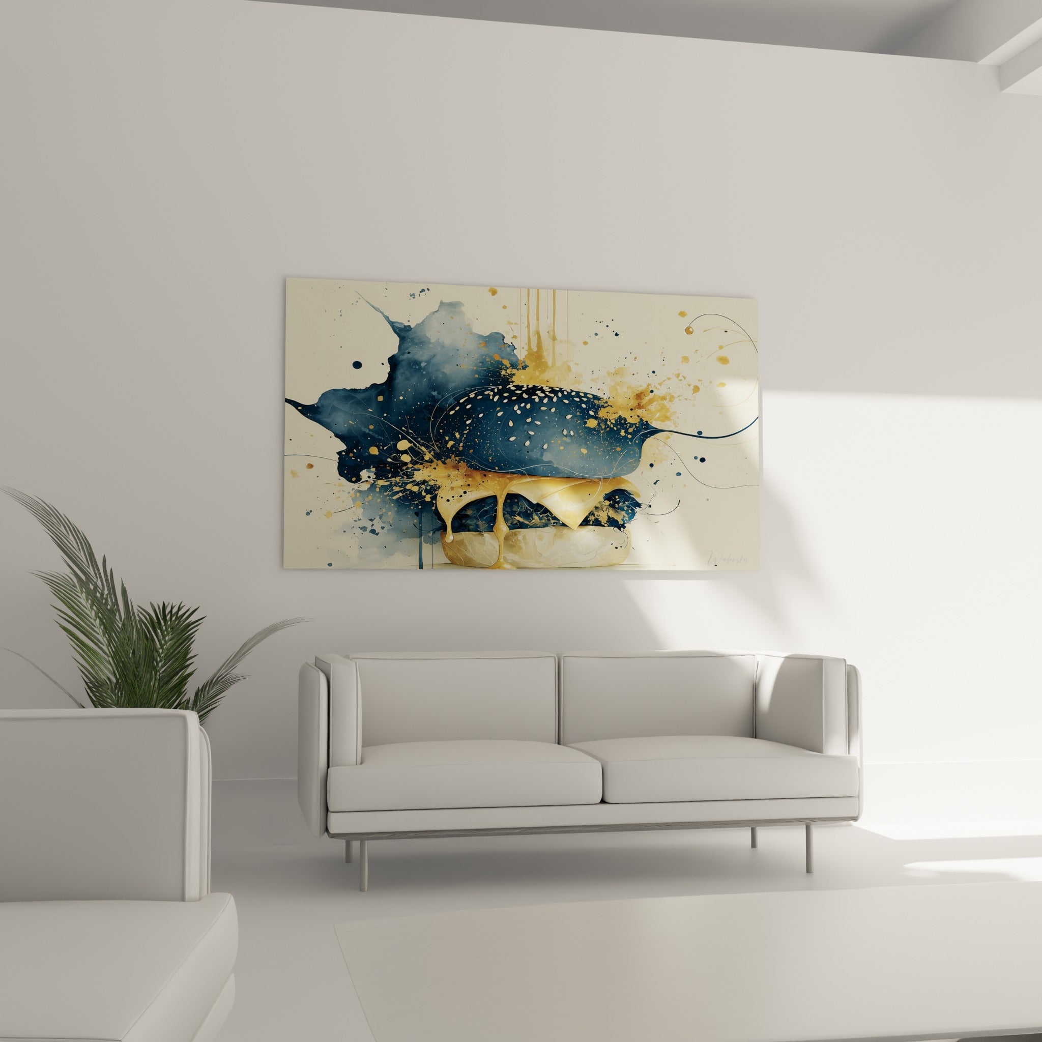 Coulures dorées et éclaboussures bleu marine du burger artistique, au-dessus d'un canapé dans un salon lumineux