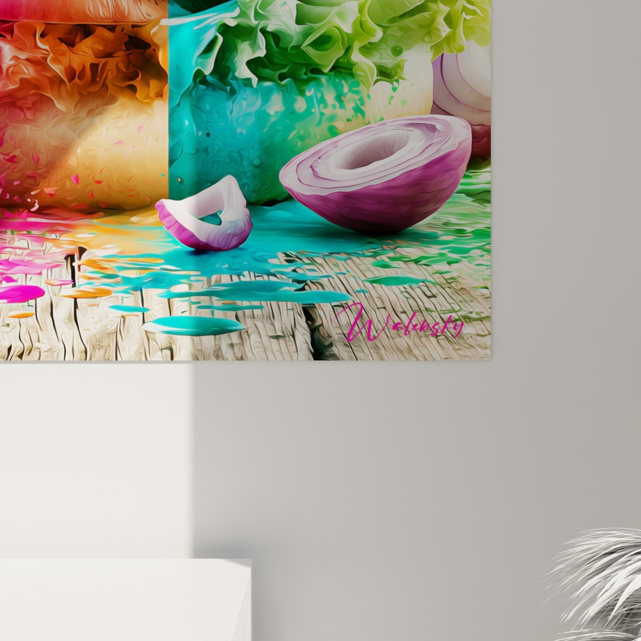 Coulures roses et éclats turquoise se mêlant au grain du pain sésame en gros plan sur la toile