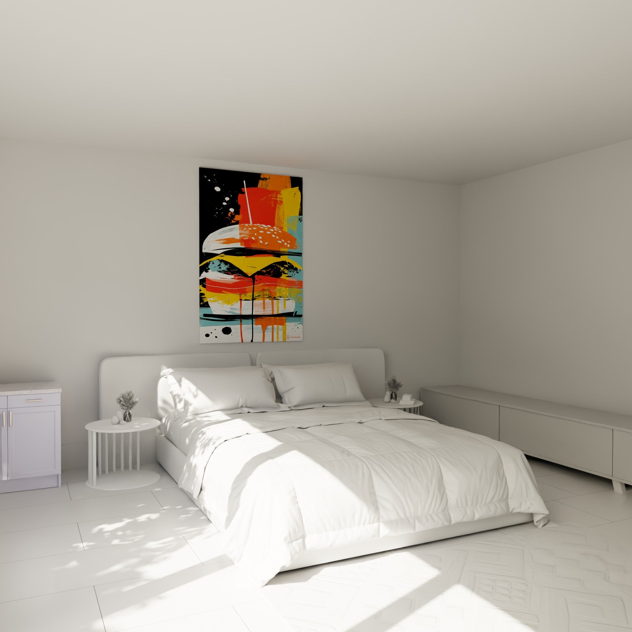 Burger coloré aux coulures jaunes et rouges accroché au-dessus d'un lit dans une chambre claire