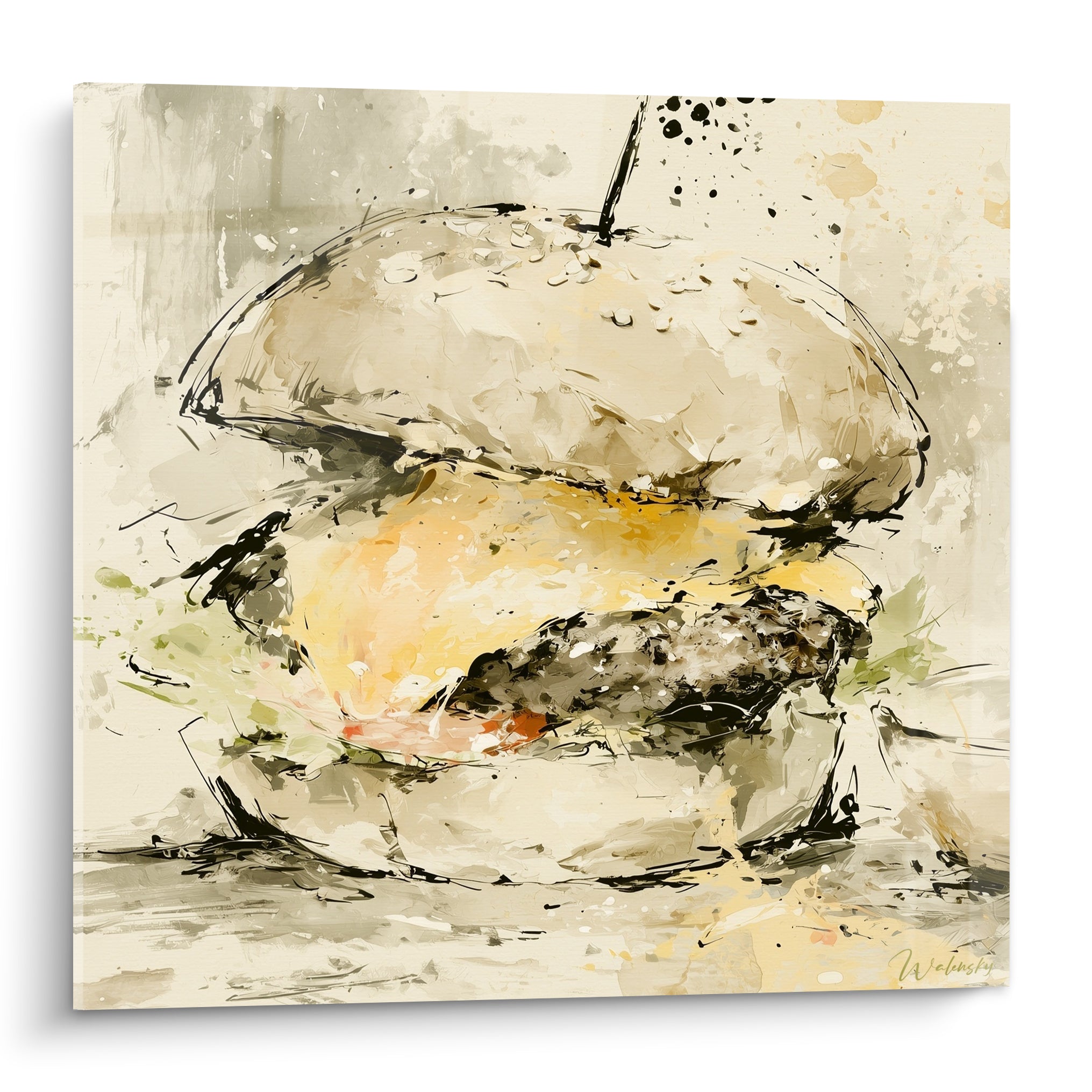 Burger crème aux éclats dorés et anthracite, peint en larges touches gestuelles expressives