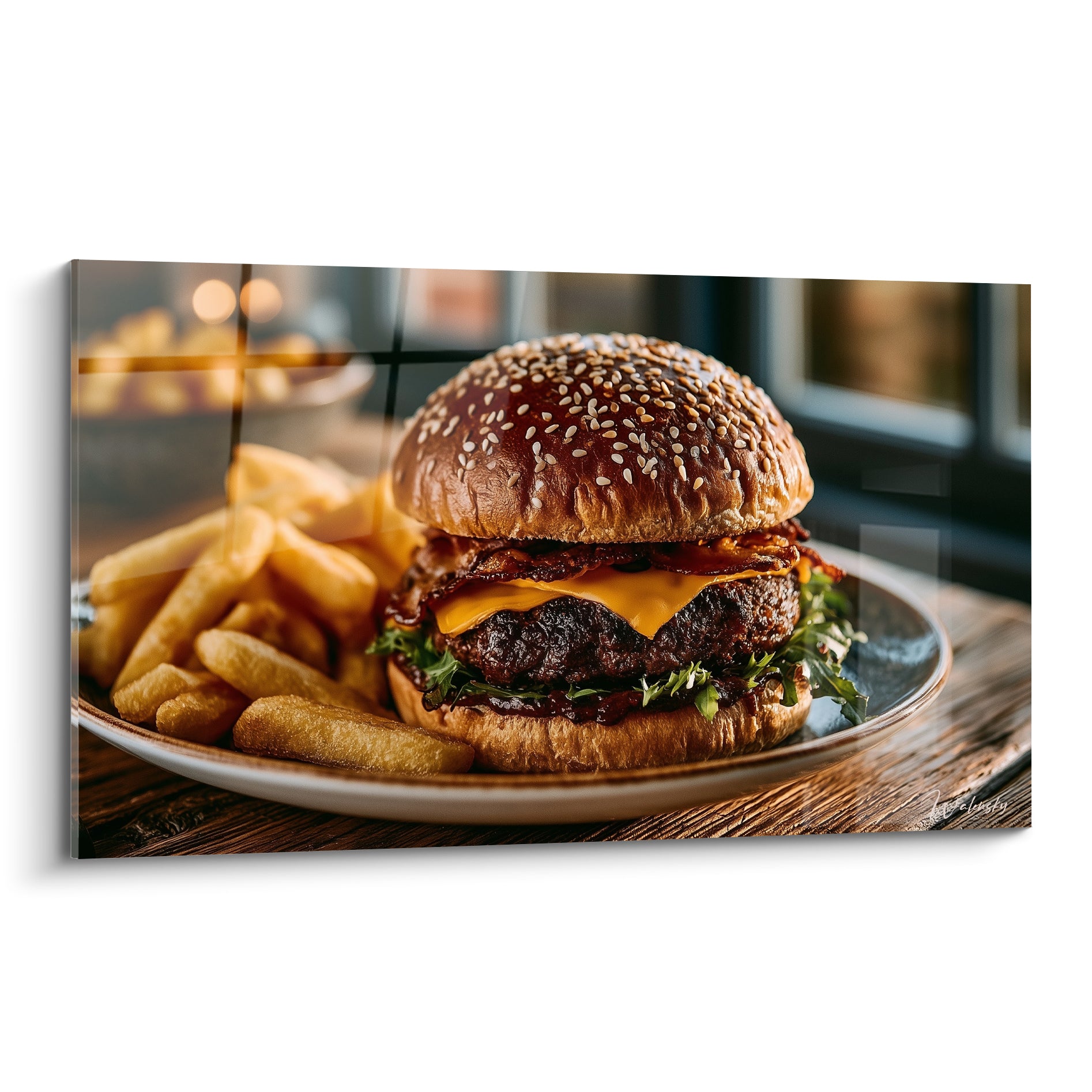 Burger doré au bacon et cheddar fondant, frites dorées, assiette blanche sur bois brun