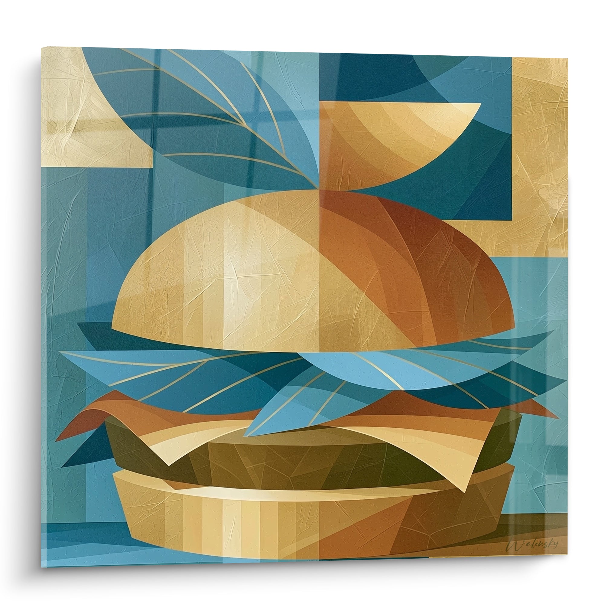 Burger géométrique aux teintes dorées et bleu pétrole, feuilles stylisées, composition graphique éclatante
