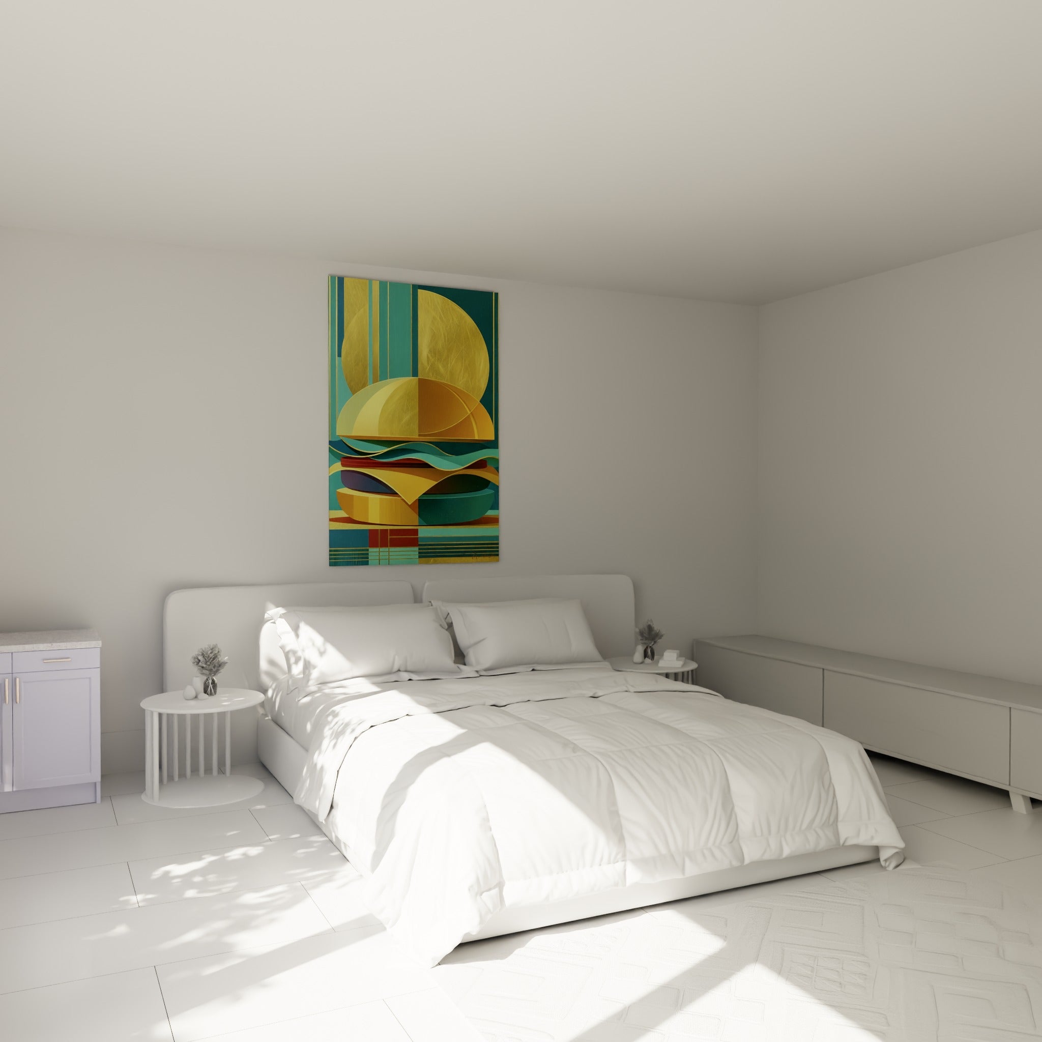 Empilement doré et bleu pétrole d'un burger stylisé au-dessus d'un lit dans une chambre claire