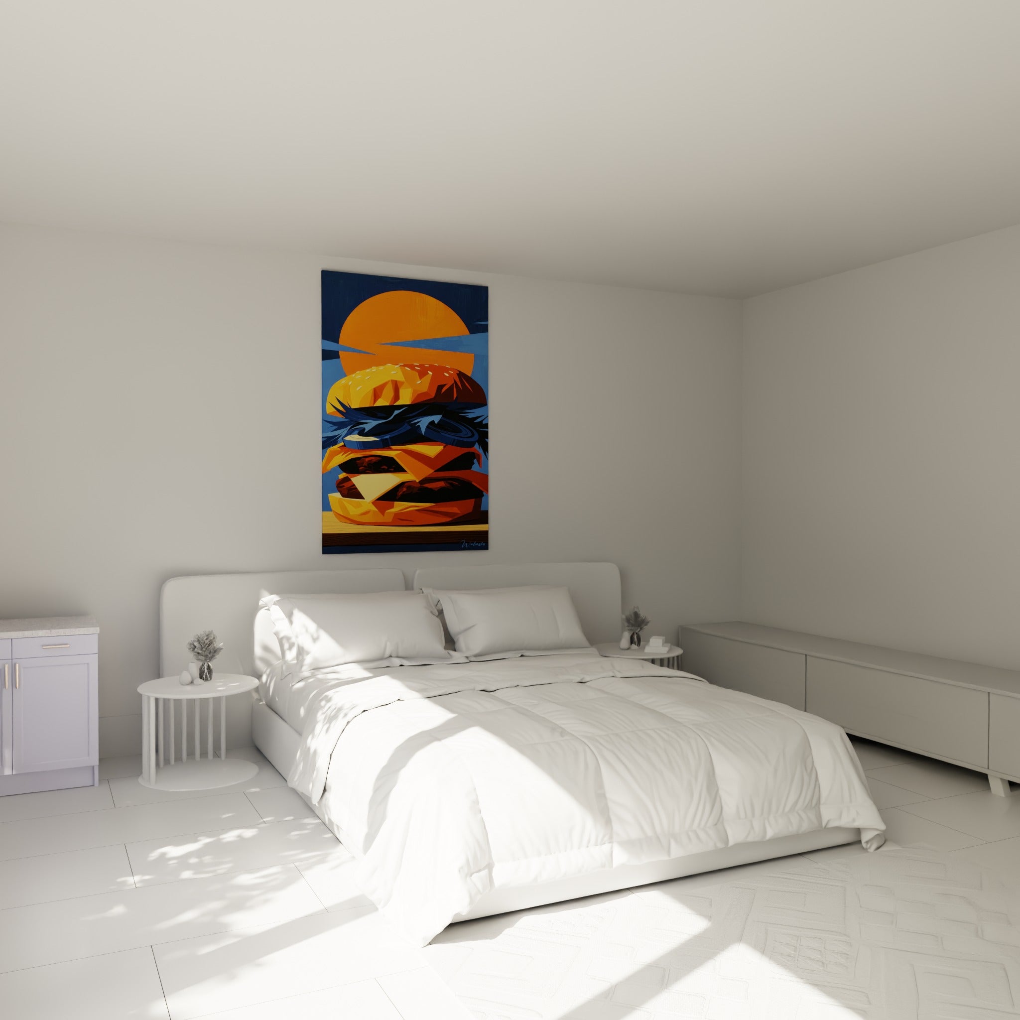 Empilement gourmand orange doré et bleu nuit au-dessus d'un lit dans une chambre claire