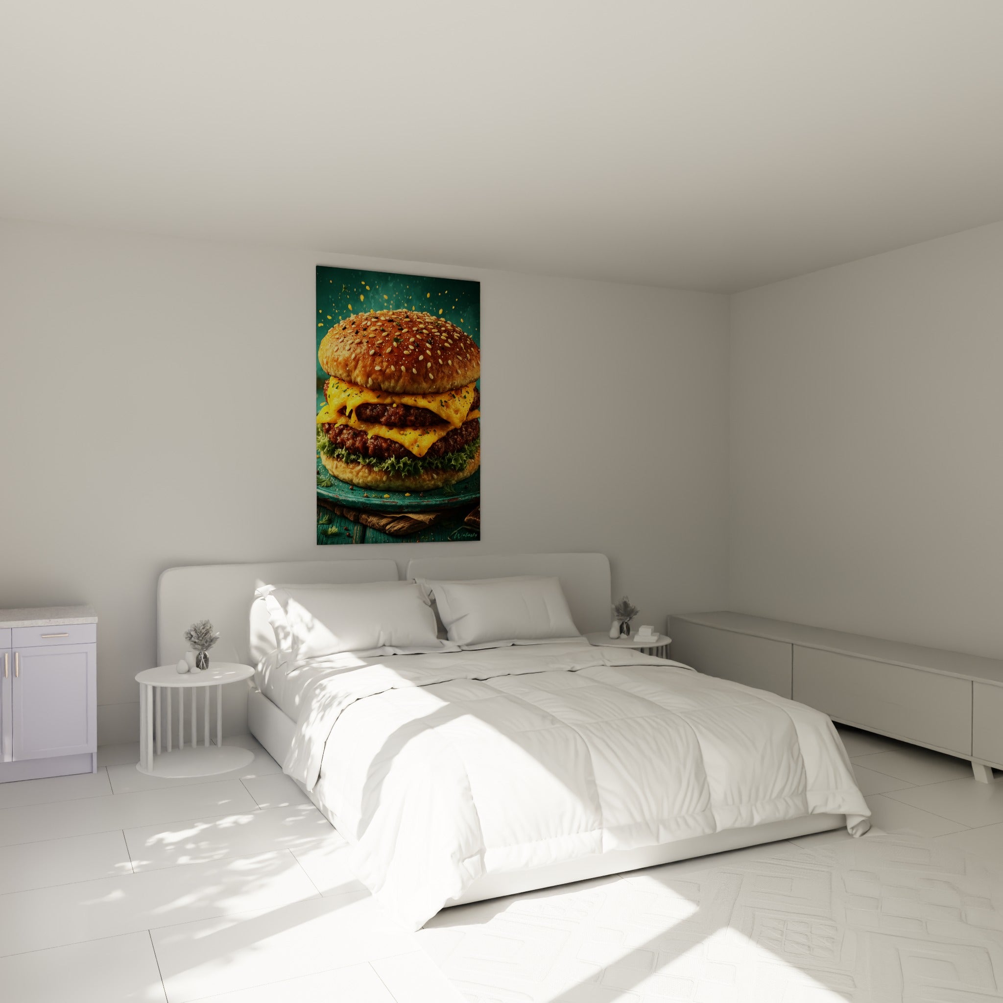 Sandwich gourmand aux tons dorés et turquoise au-dessus d'un lit dans une chambre claire