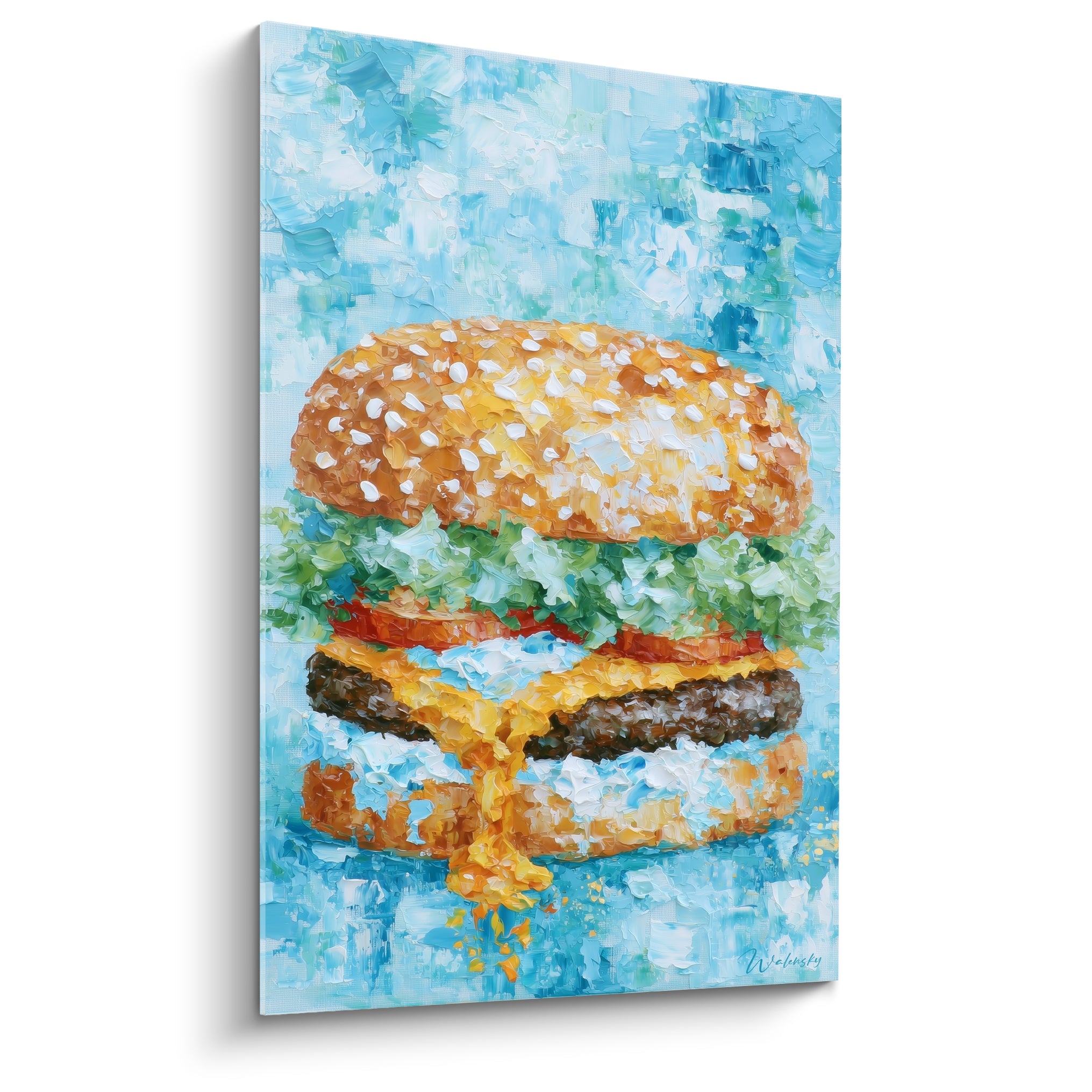 Burger géant peint en touches épaisses dorées et rouges sur fond bleu turquoise éclatant
