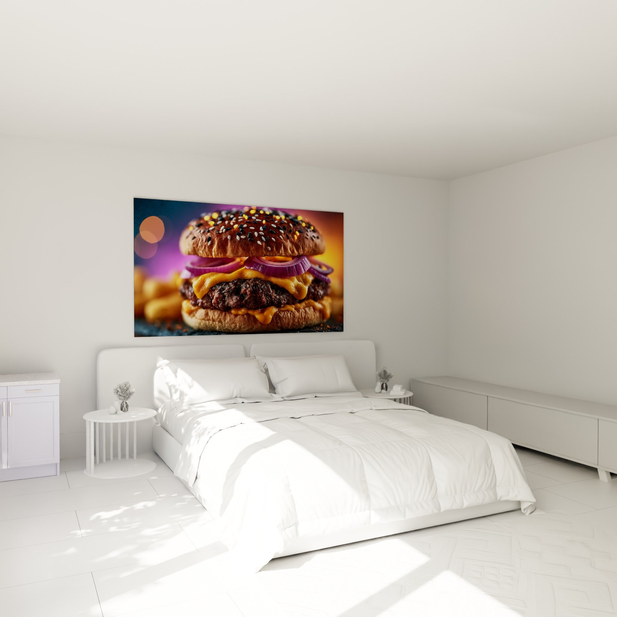 Sandwich gourmand au fromage orangé et oignons rouges accroché au-dessus d'un lit dans une chambre claire