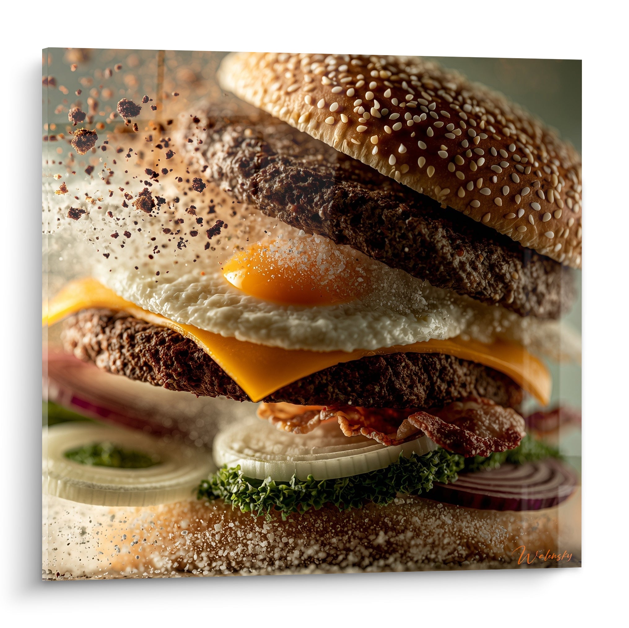 Burger empilé aux tons bruns et orangés, œuf coulant et cheddar fondant en gros plan
