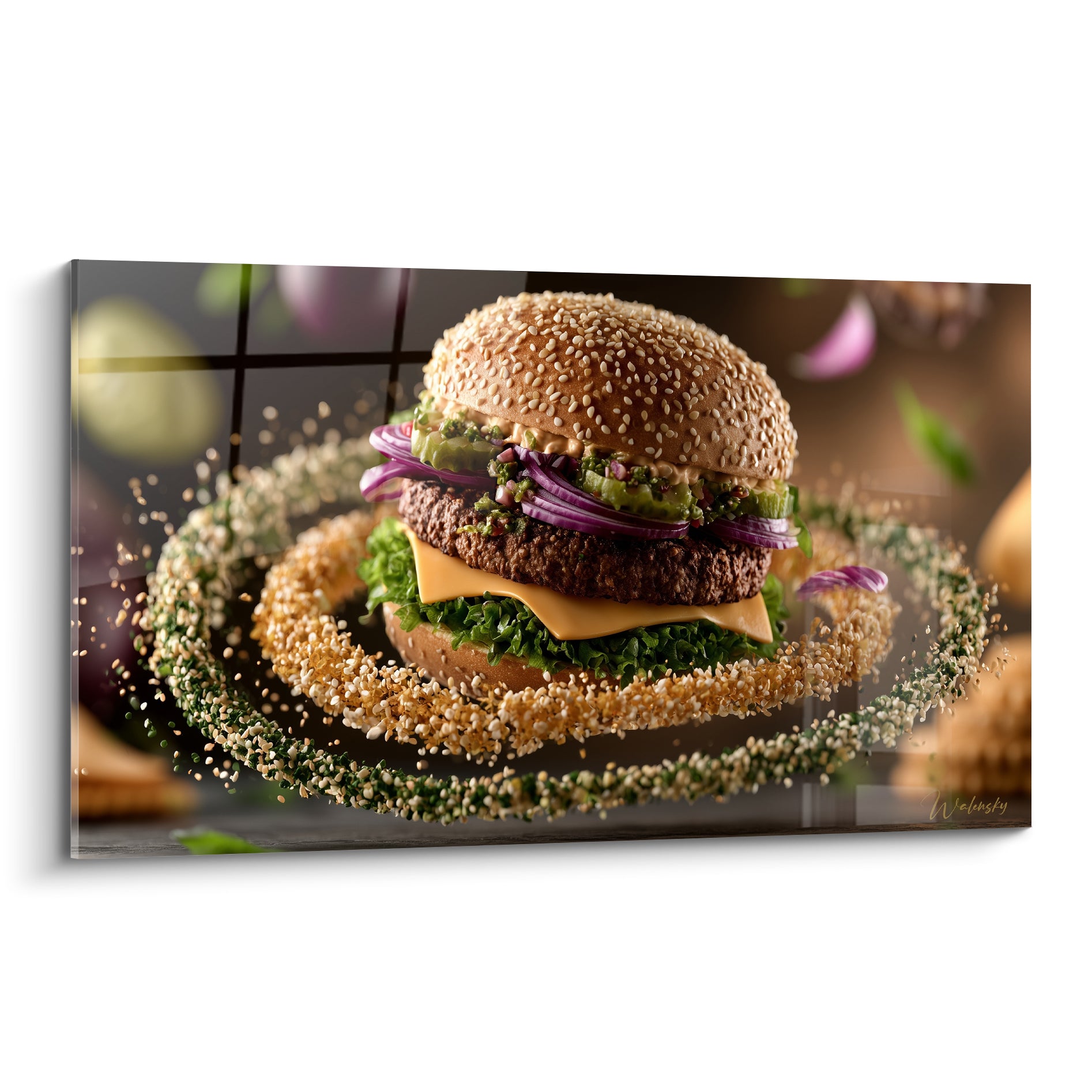 Burger doré aux oignons violets suspendus dans un tourbillon de graines de sésame