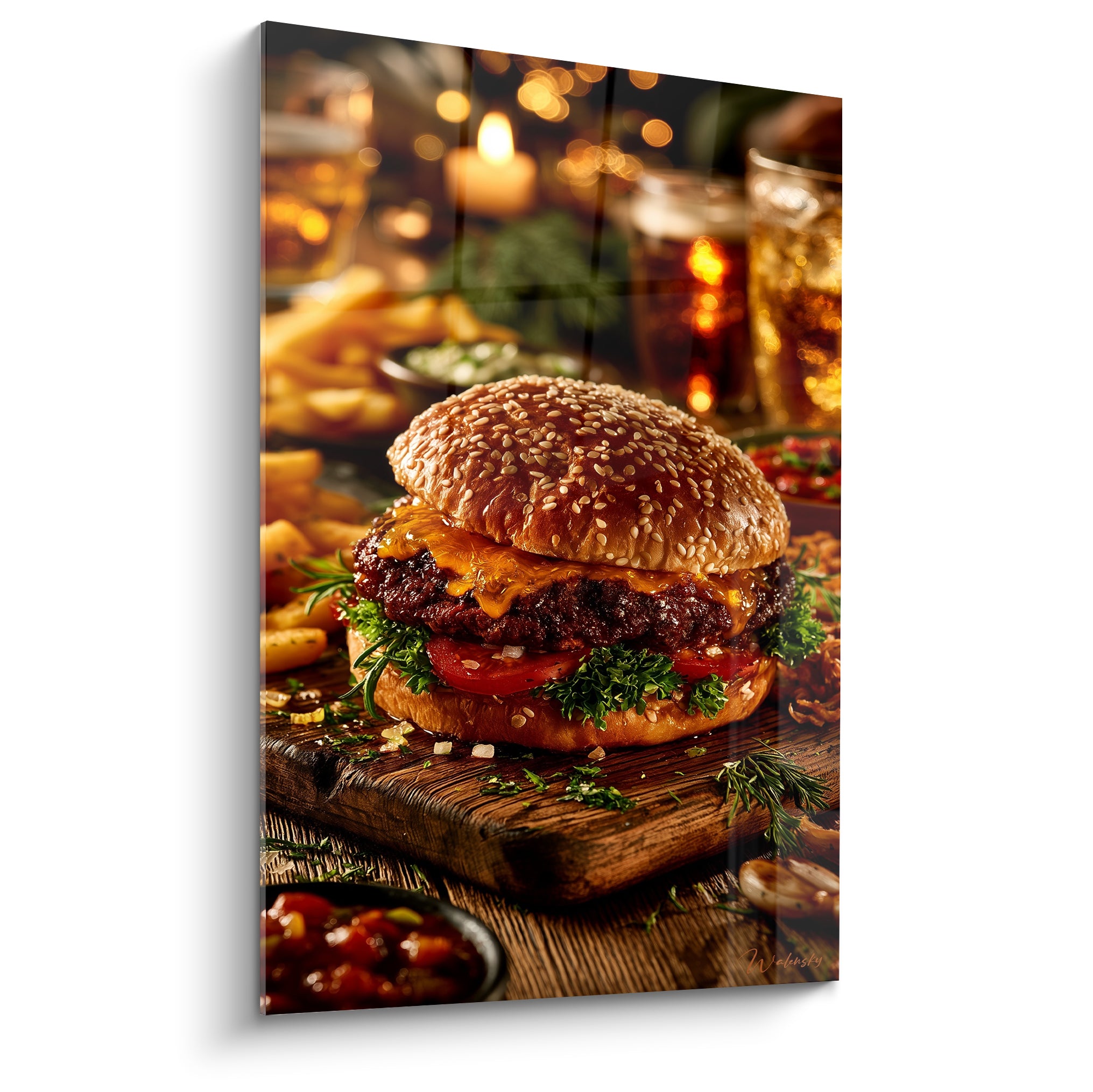 Burger doré au pain sésame, viande grillée et tomate sur planche en bois brune