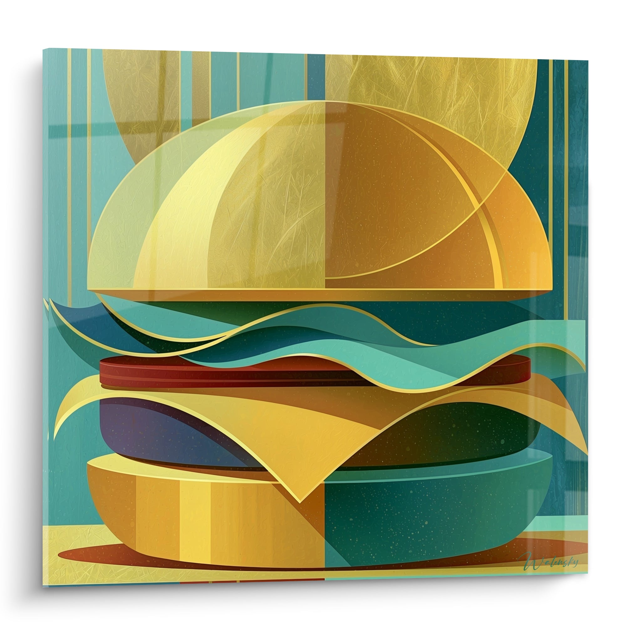 Burger doré aux couches sarcelle et bordeaux, composition graphique sur fond bleu pétrole