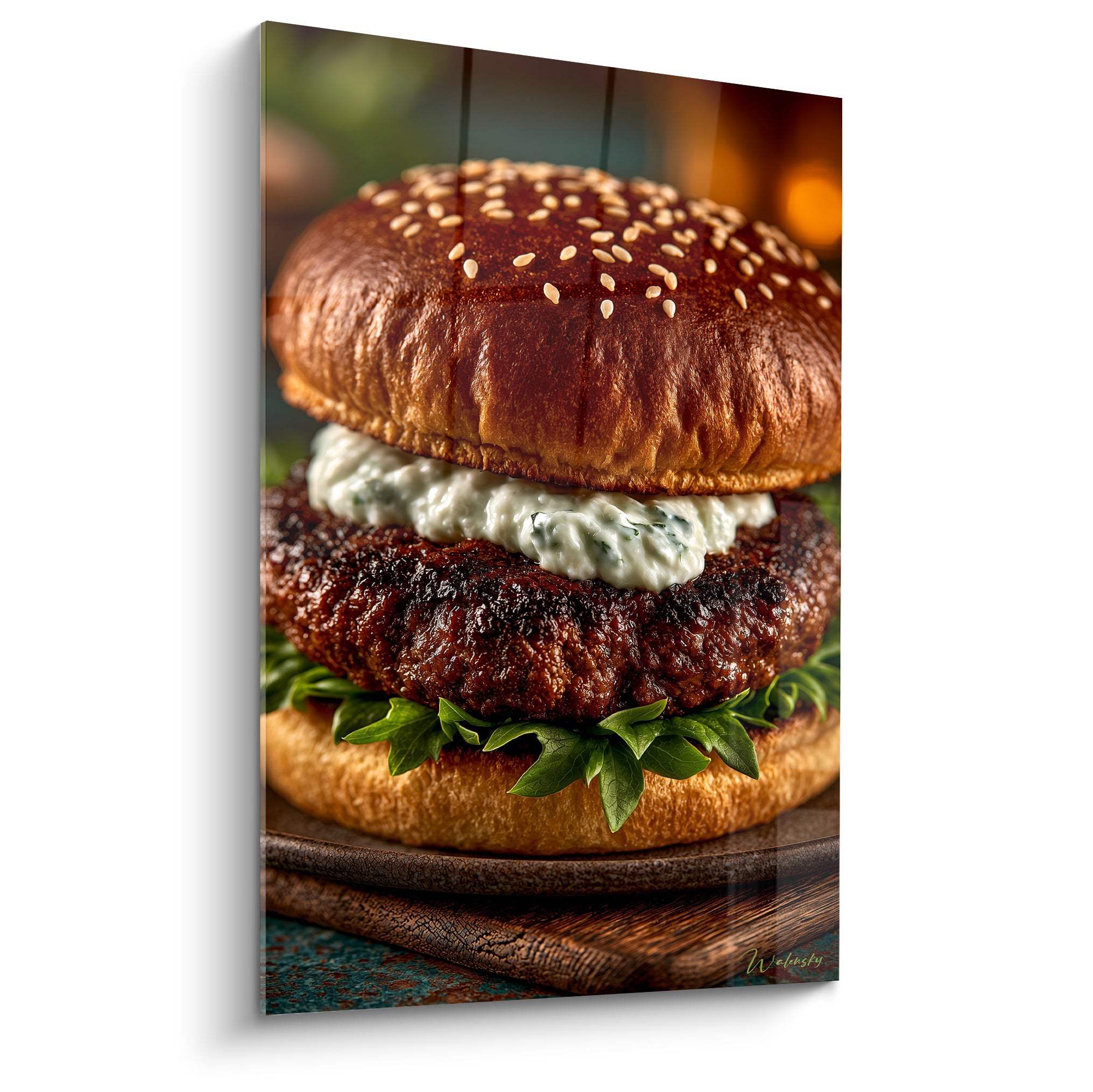 Burger généreux au pain doré sésamé, steak anthracite et sauce blanche crémeuse sur fond flou orangé