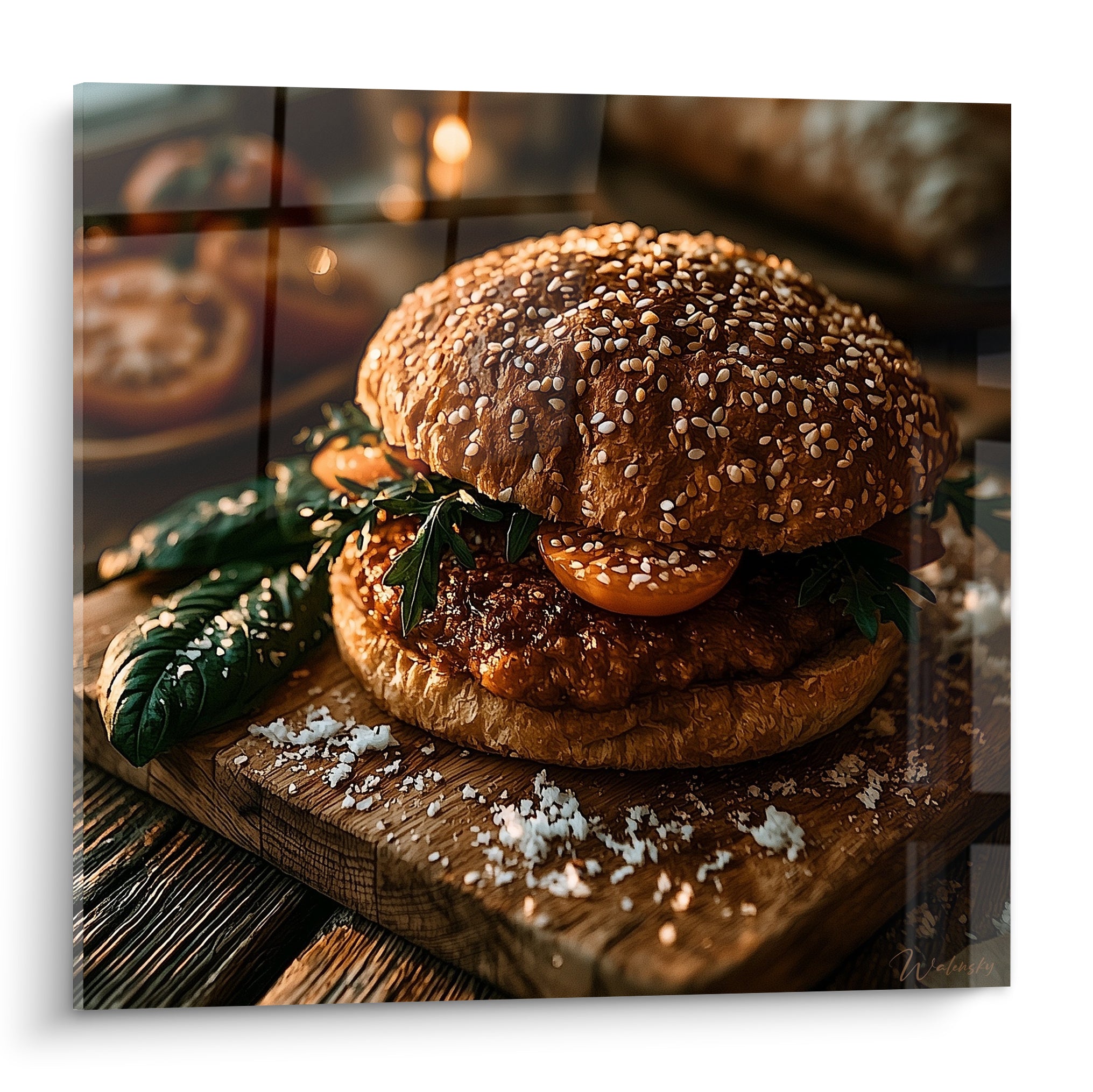 Burger doré aux graines de sésame et viande terracotta sur planche de bois brut