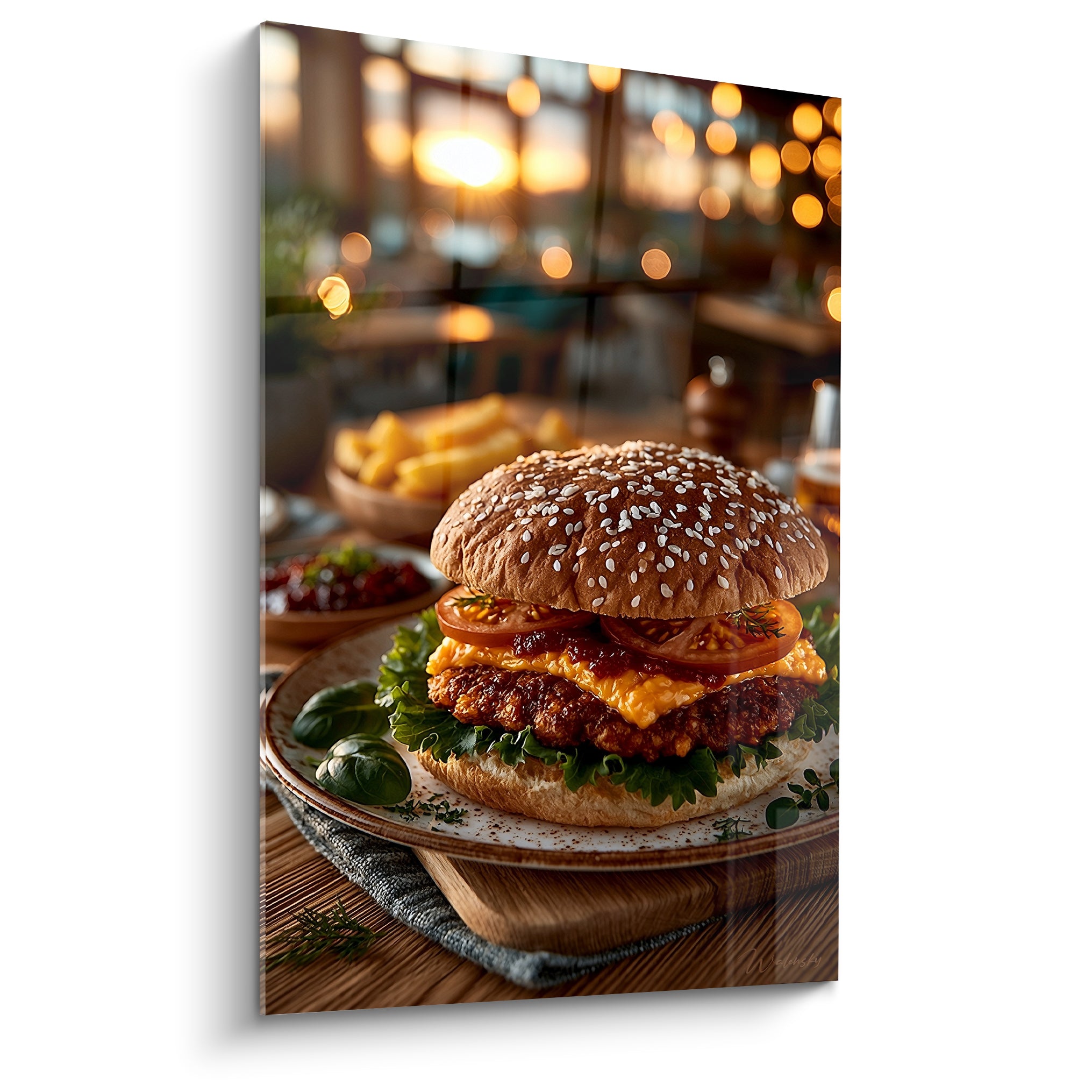 Burger doré aux graines de sésame, steak et tomate rouge, servi sur assiette blanche