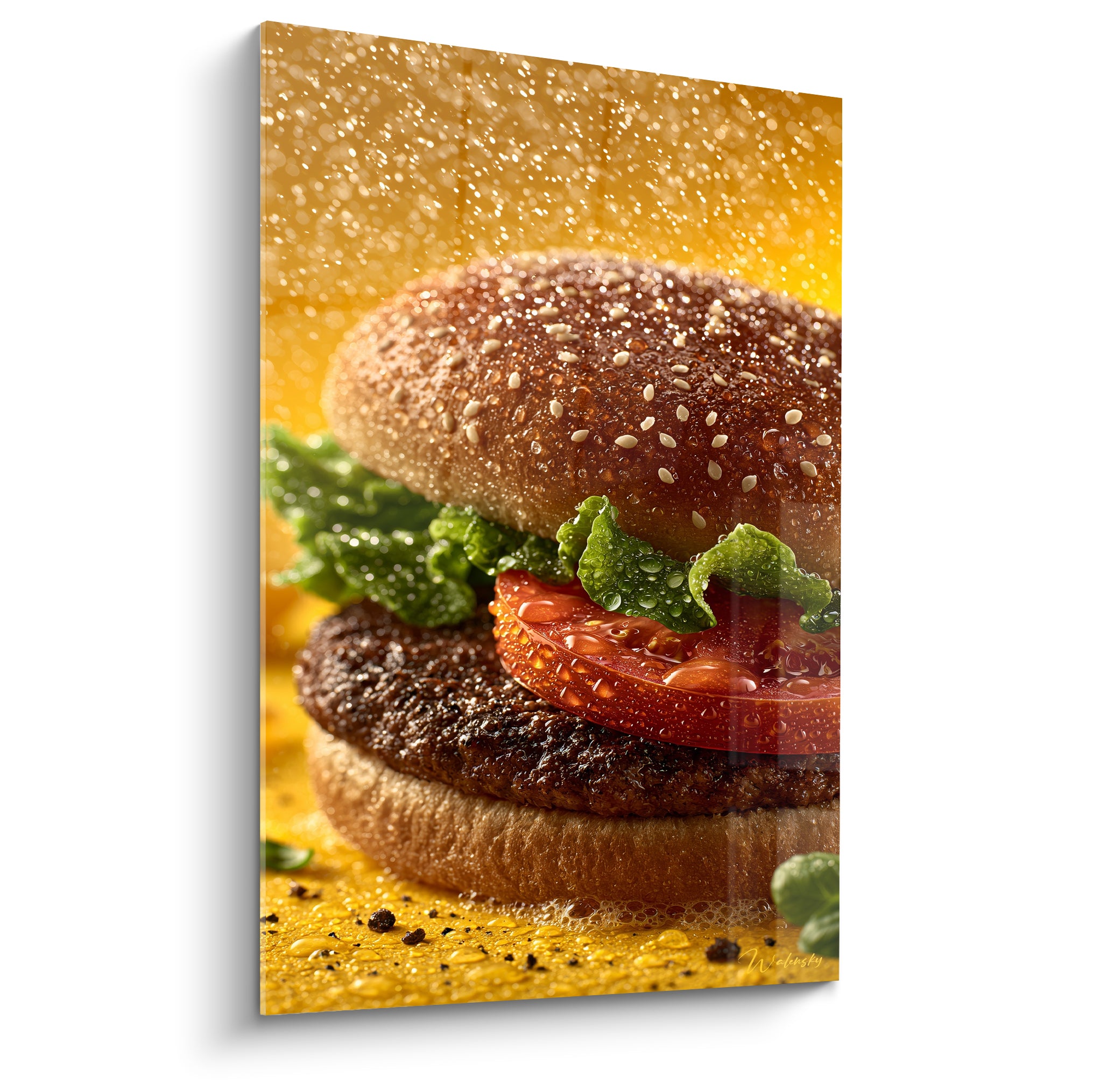 Burger doré aux graines de sésame, steak grillé, tomate rouge et salade verte éclatante