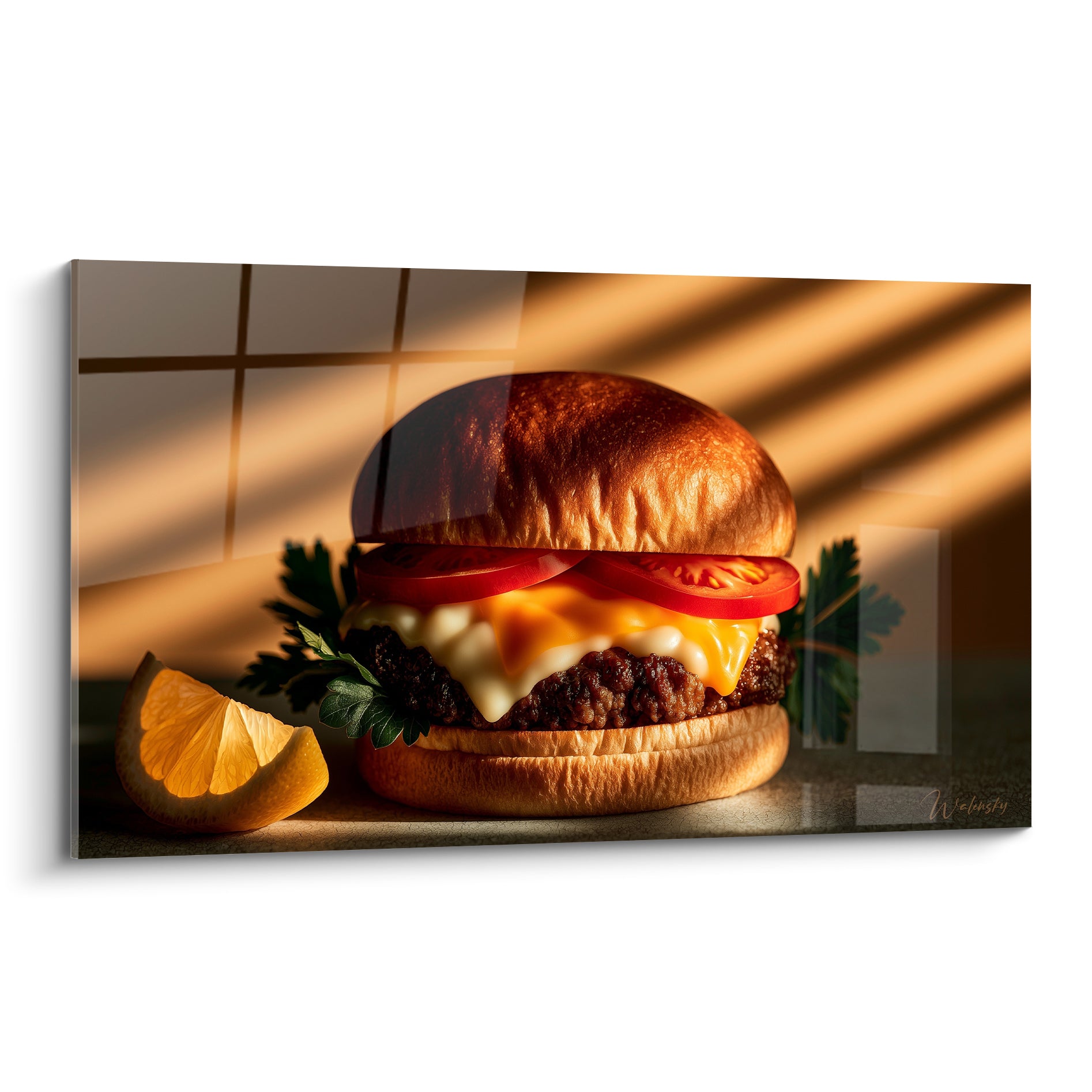 Burger doré et tomates rouges éclairés par un rayon oblique, cheddar fondant, cadre net