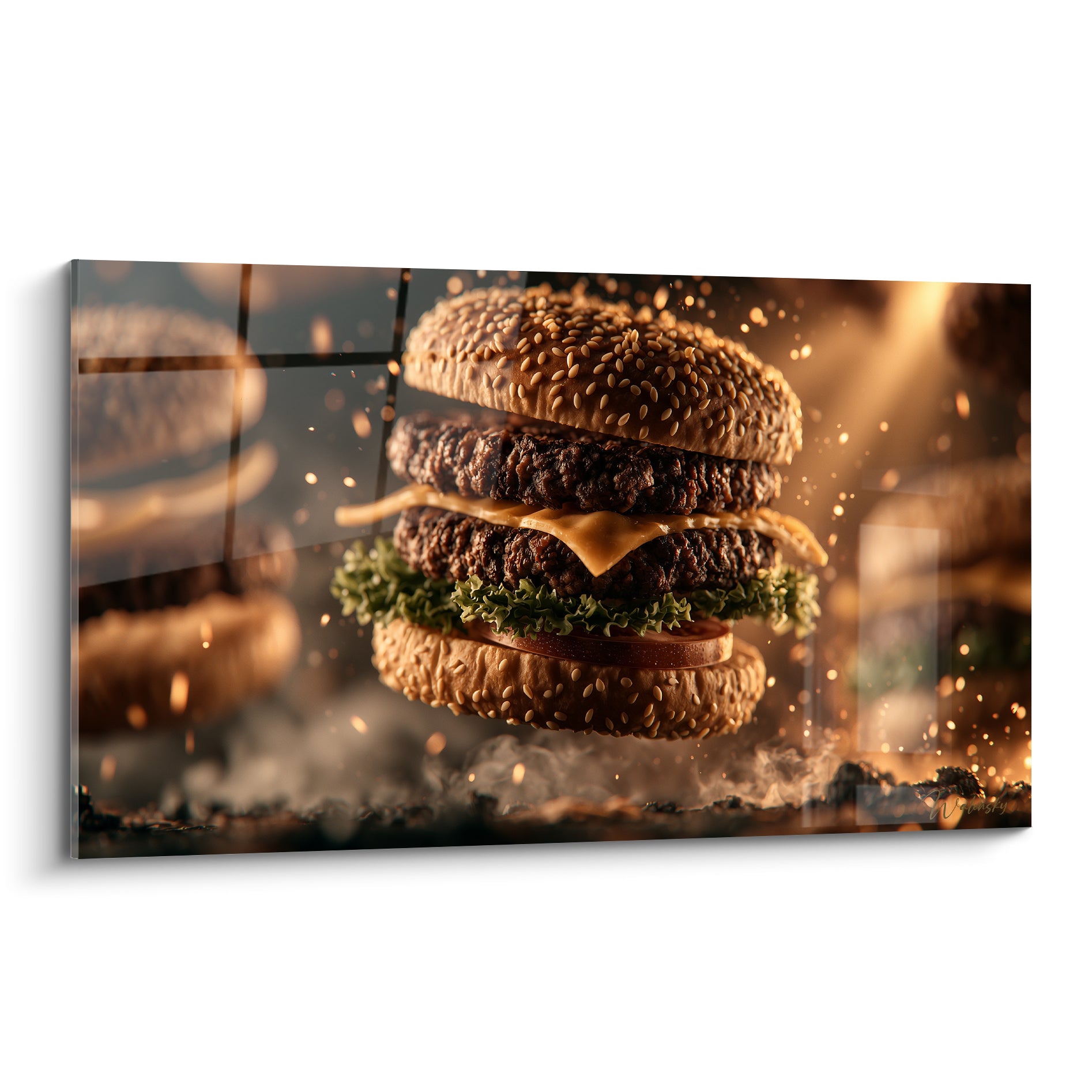 Burger double aux pains dorés et steaks anthracite, entouré d'étincelles ambrées et de fumée dense