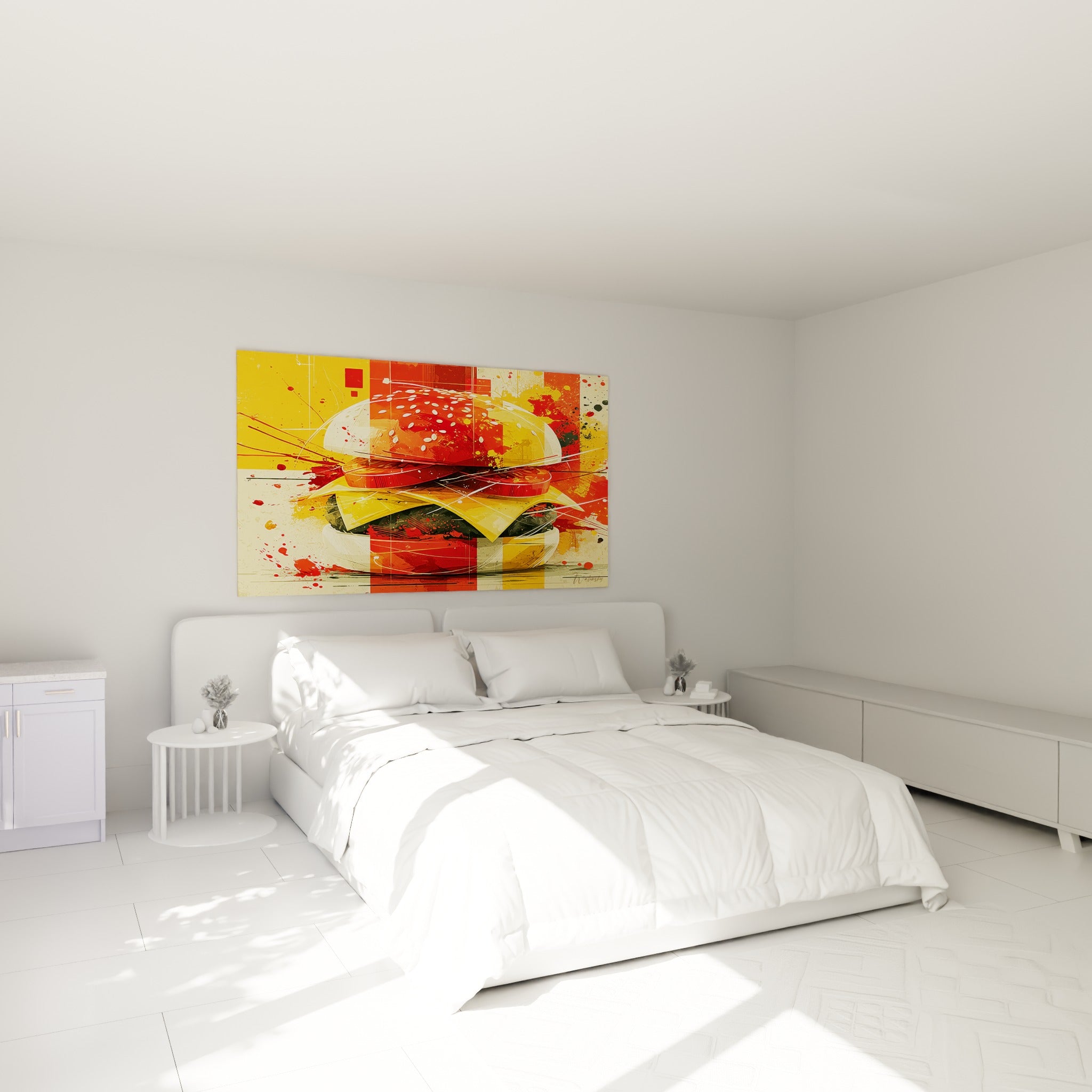 Sandwich coloré rouge et doré aux touches graphiques, accroché au-dessus d'un lit dans une chambre claire