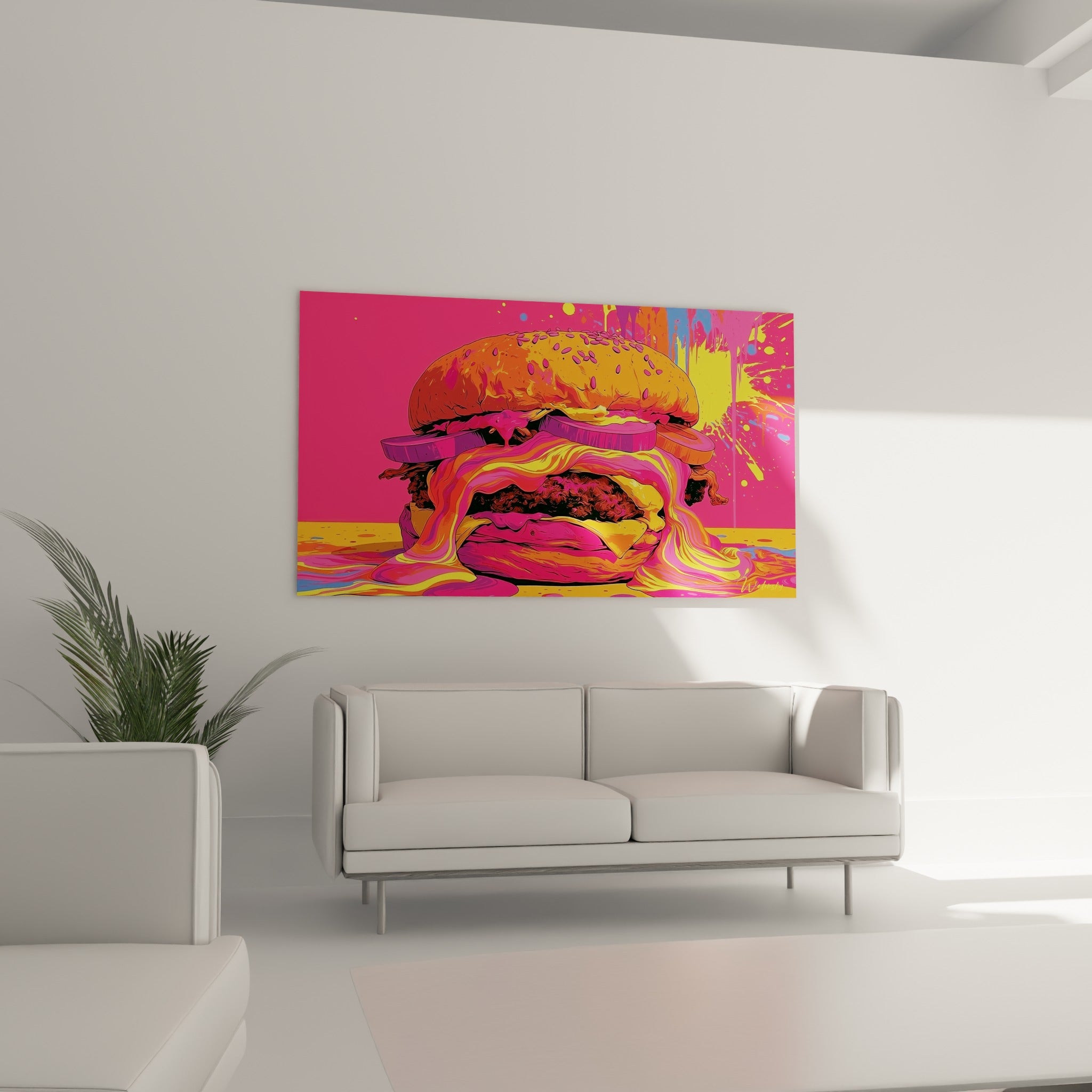 Éclaboussures colorées bleu et violet entourent ce burger rose vif, au-dessus d'un canapé dans un salon lumineux