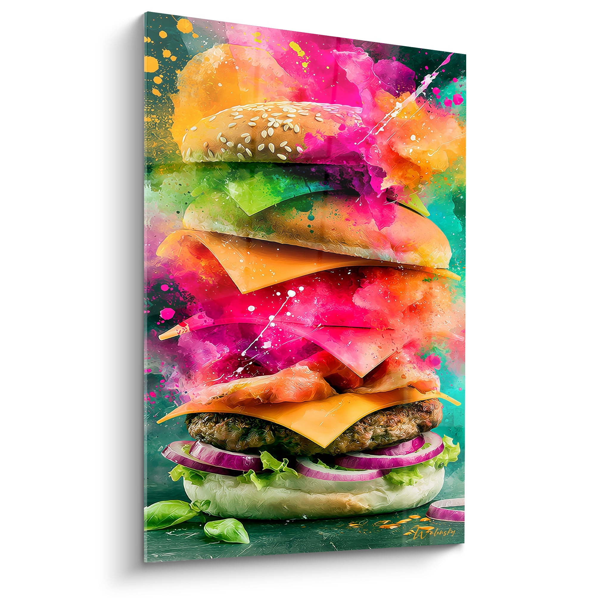 Burger éclaté aux couches suspendues, rose fuchsia et turquoise en arrière-plan explosif