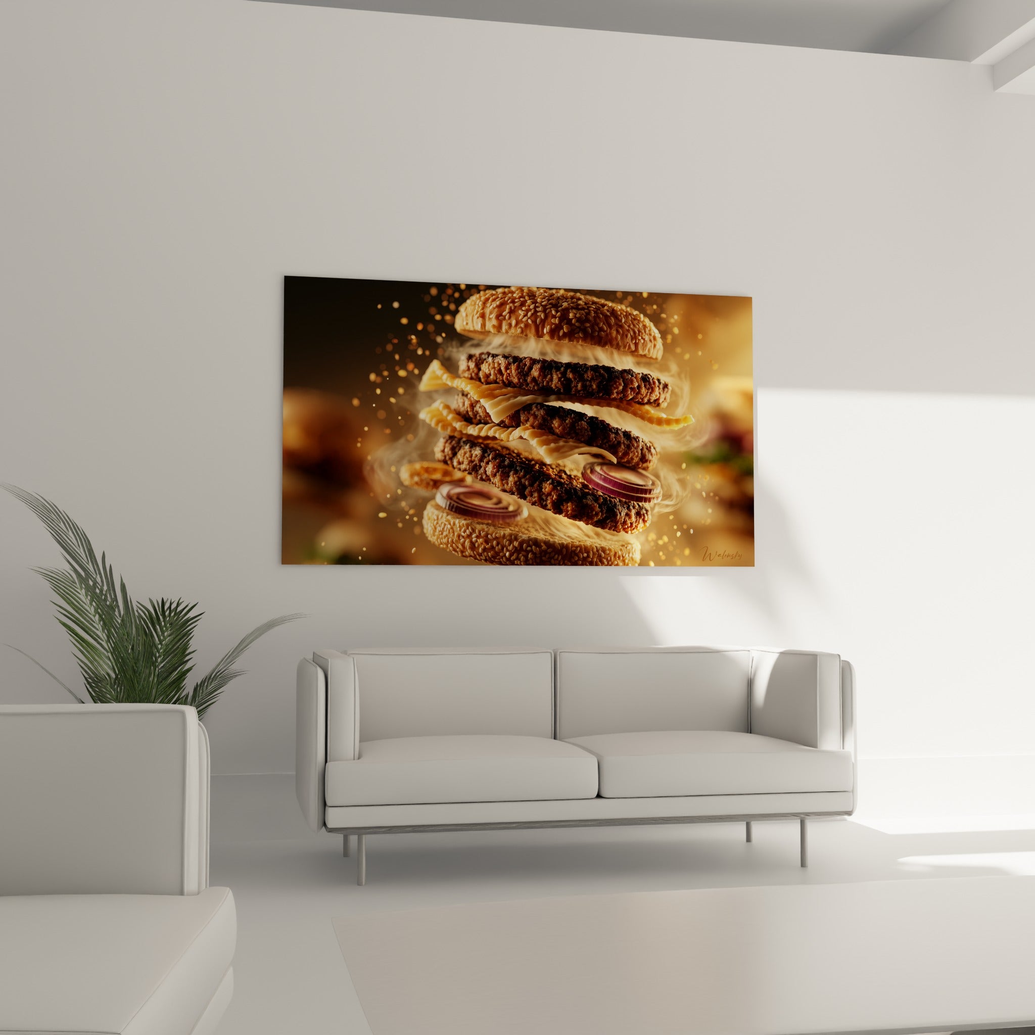Burger fauve aux rondelles rouges en apesanteur, au-dessus d'un canapé dans un salon lumineux