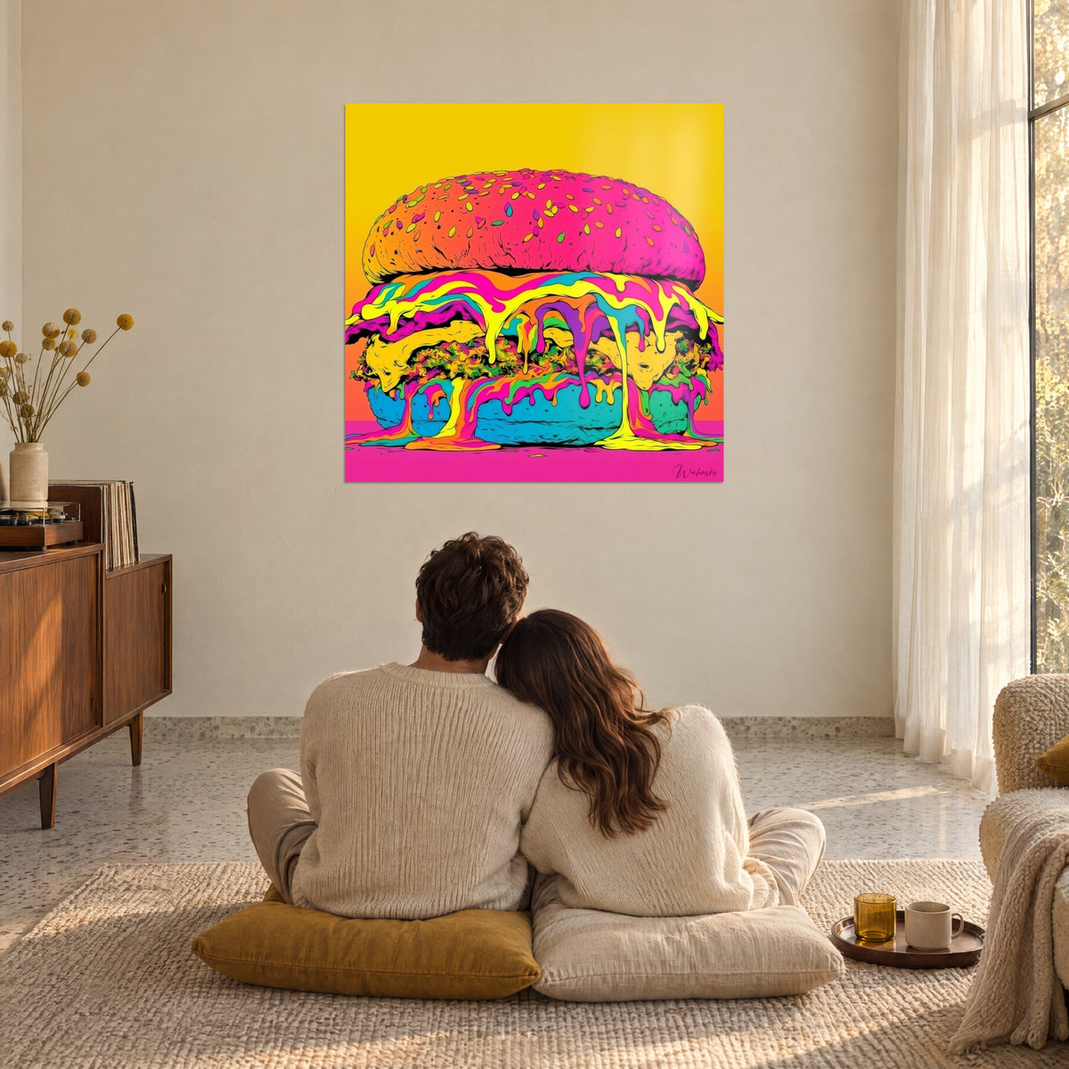 Πίνακας Έργο pop art με κορεσμένα χρώματα φούξια και τυρκουάζ, πάνω από ένα έπιπλο σε χώρο που λούζεται από φως