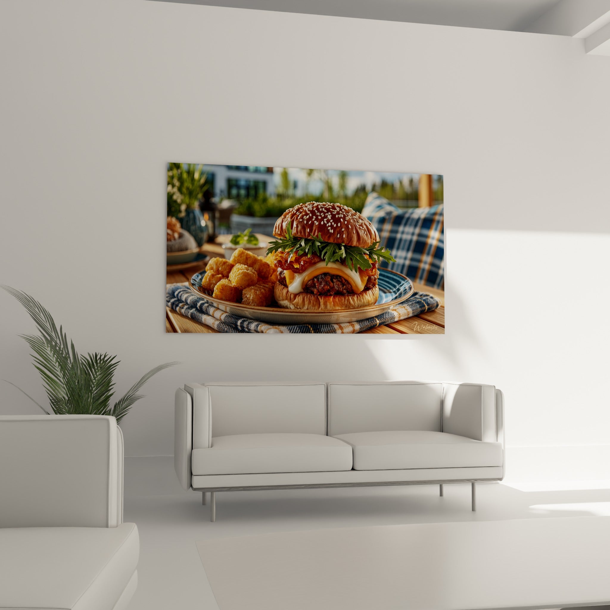 Burger doré garni de fromage coulant et verdure fraîche, au-dessus d'un canapé dans un salon lumineux