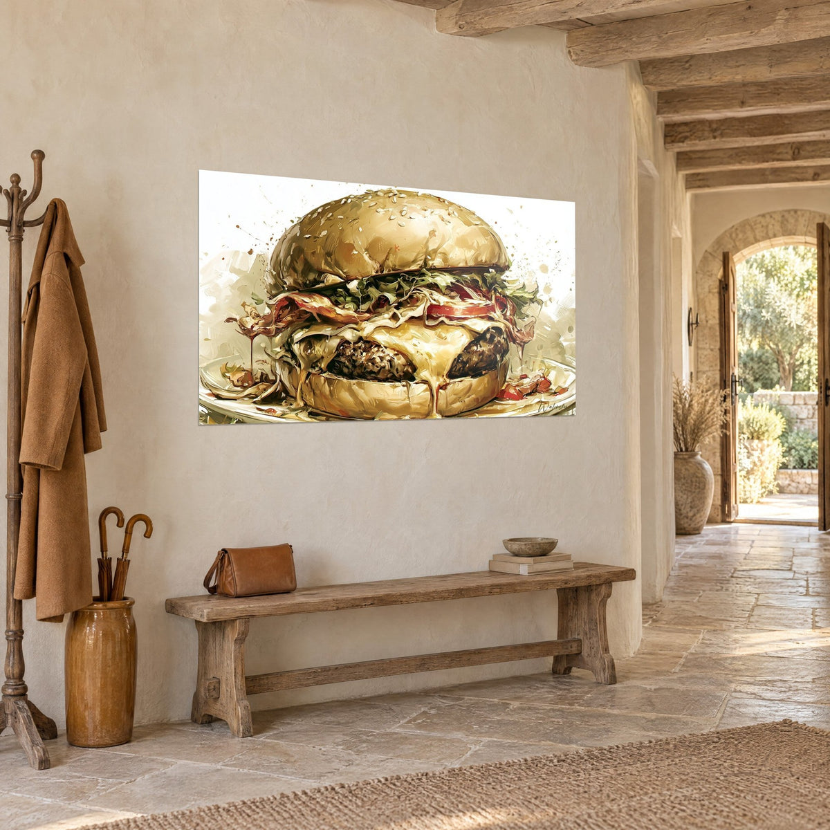 Tableau hamburger gourmand aux éclaboussures ocre, laitue verte et tomate rouge, vue de trois-quarts dans un couloir en pierre