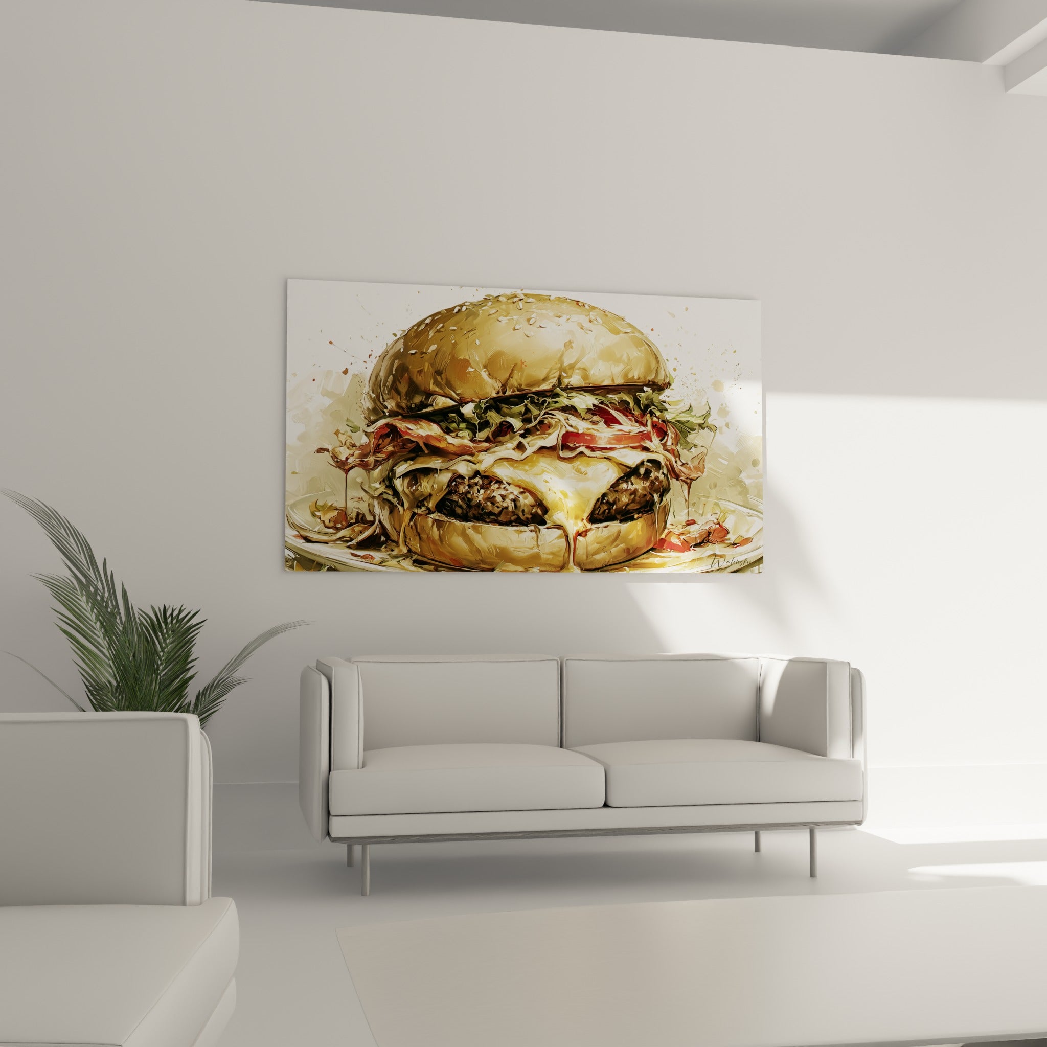 Burger fondant aux teintes dorées et vertes, viande grillée et laitue froissée, au-dessus d'un canapé dans un salon lumineux
