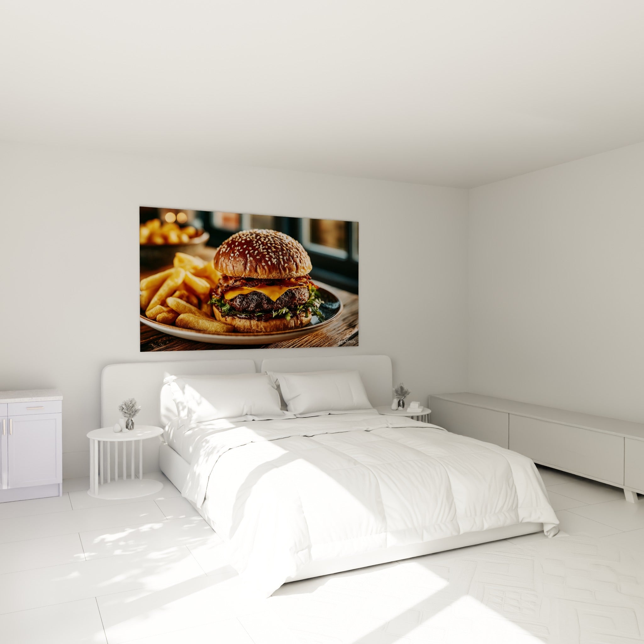 Burger généreux au fromage doré et bacon caramélisé, accroché au-dessus d'un lit dans une chambre claire