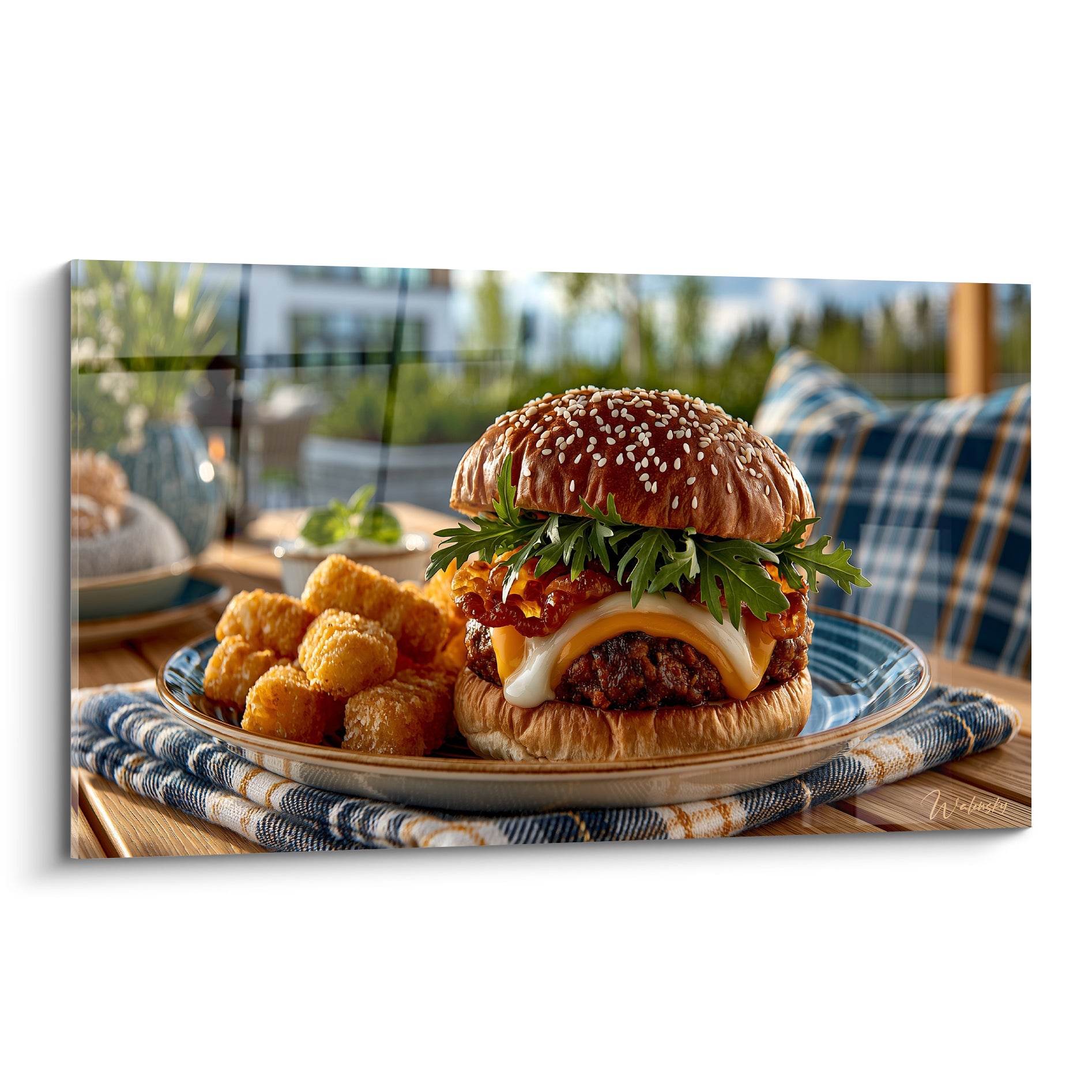 Burger doré au fromage fondant et roquette fraîche, sésame doré, tons terracotta et verts vifs