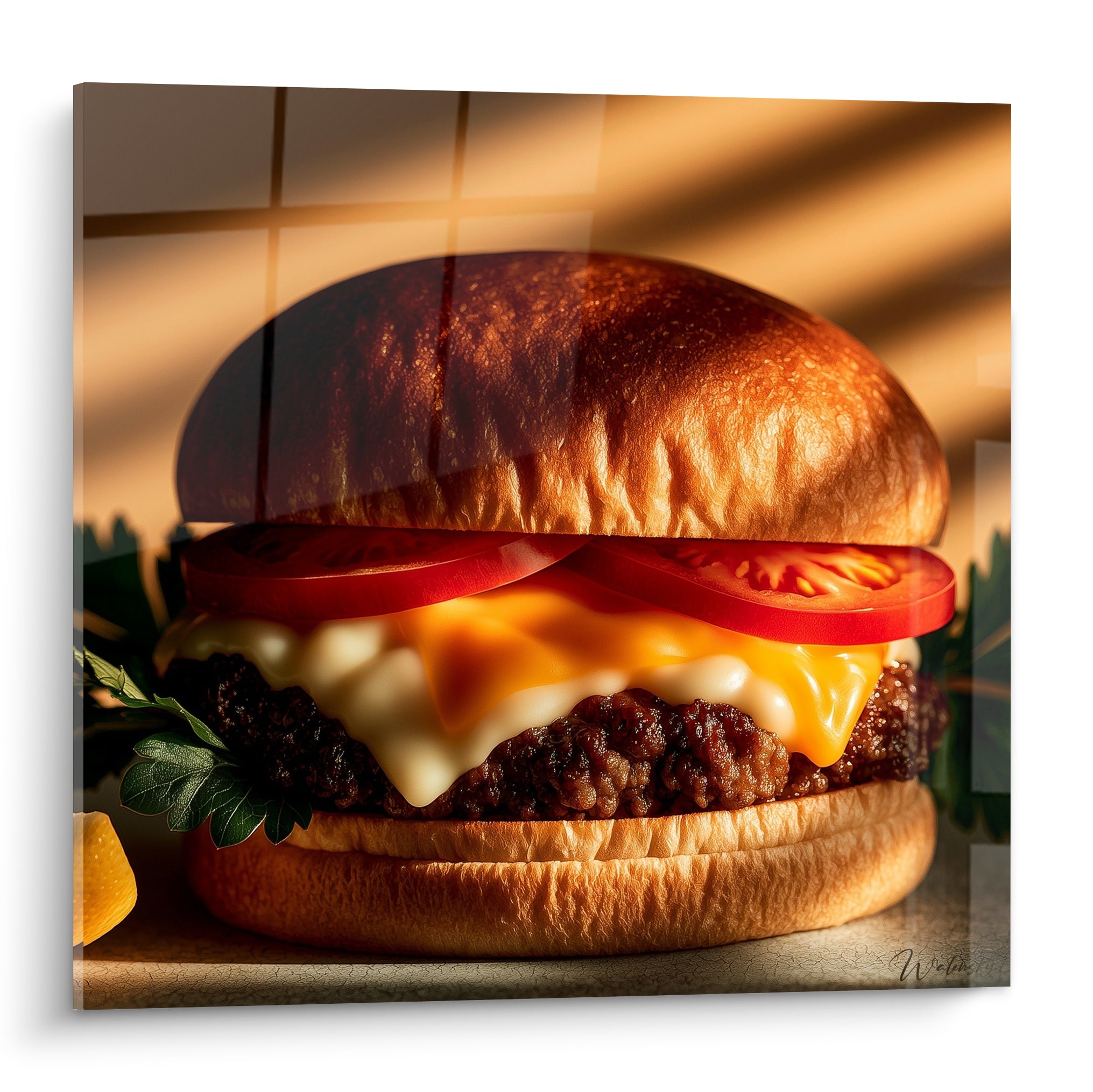 Burger doré et rouge, pain brioché caramel et fromage fondant, lumière rasante