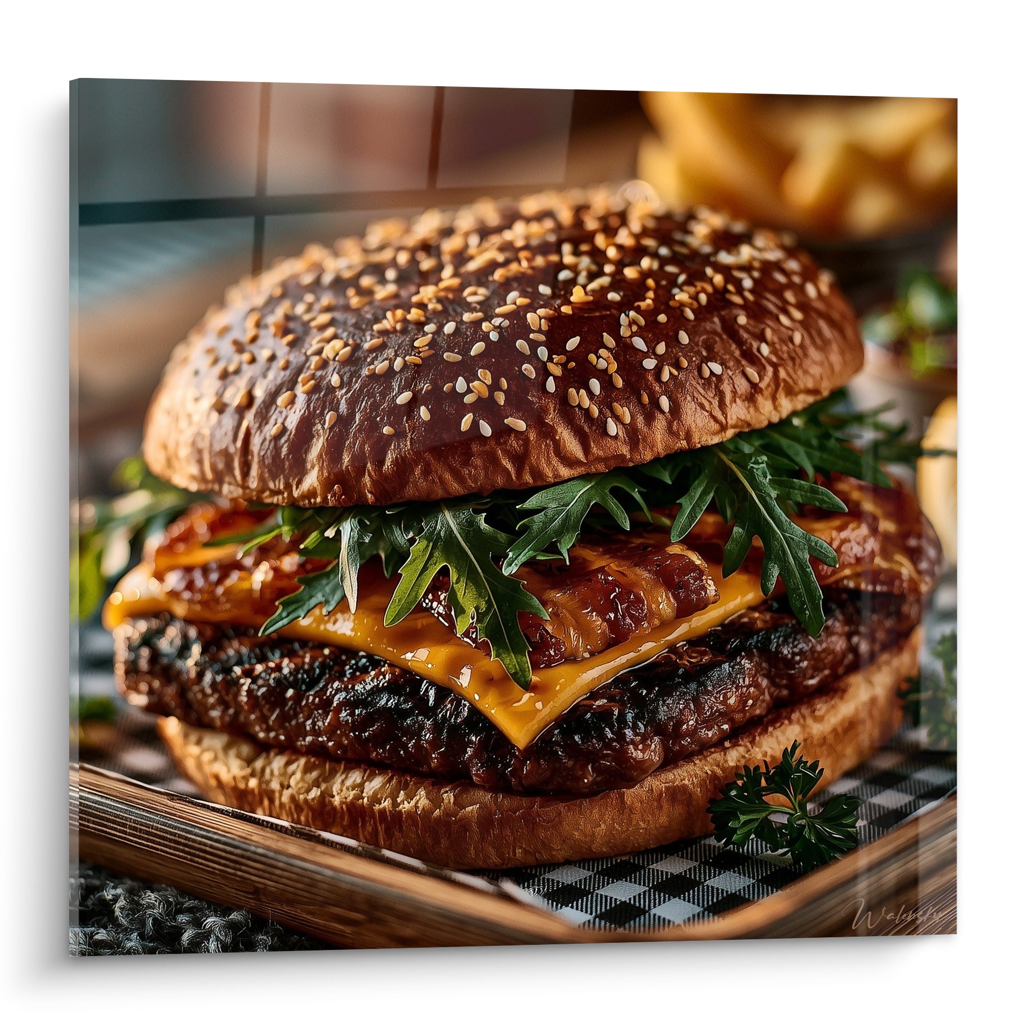 Burger doré au fromage cheddar fondant et roquette verte, gros plan appétissant sur pain sésame
