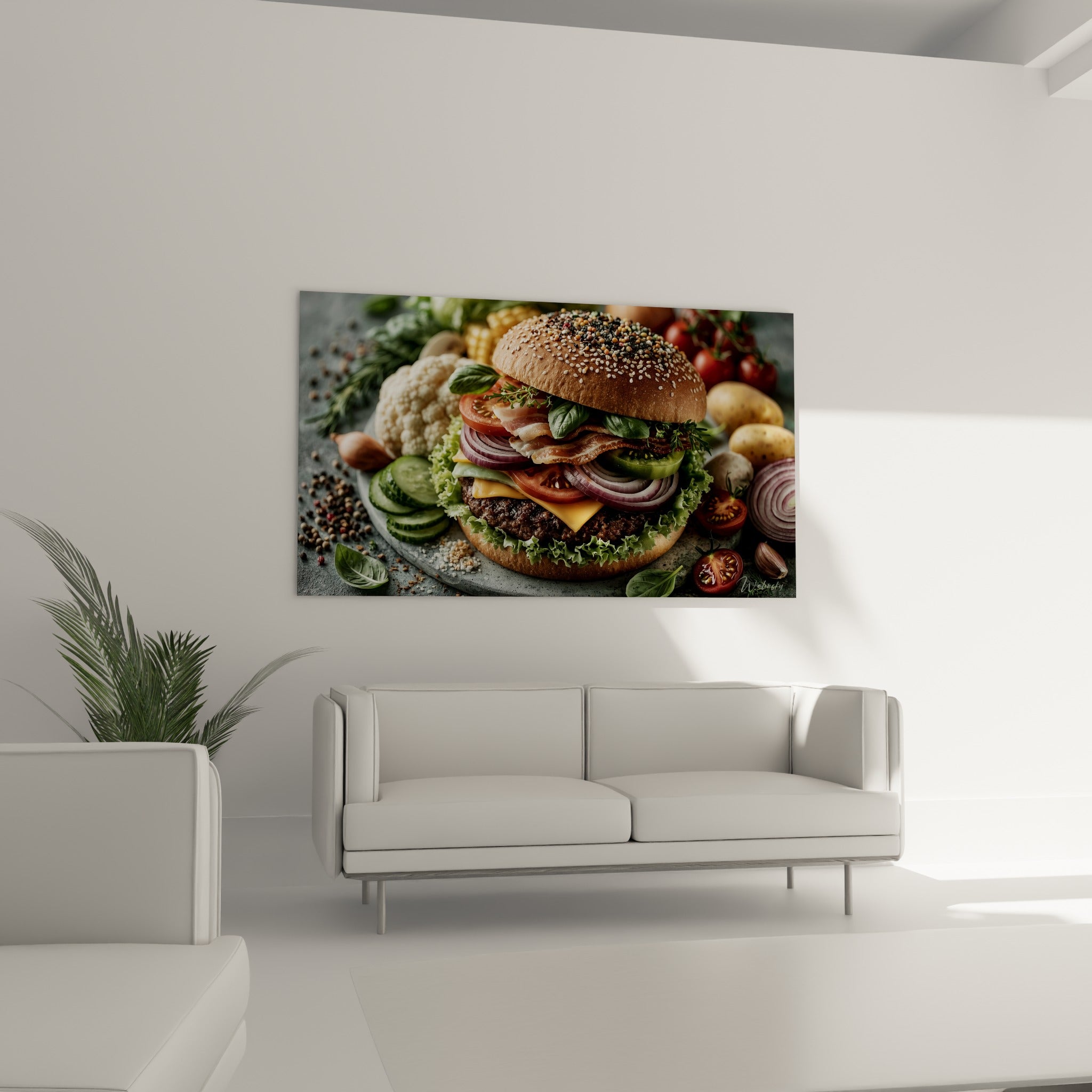 Burger appétissant garni de fromage doré et légumes frais, au-dessus d'un canapé dans un salon lumineux