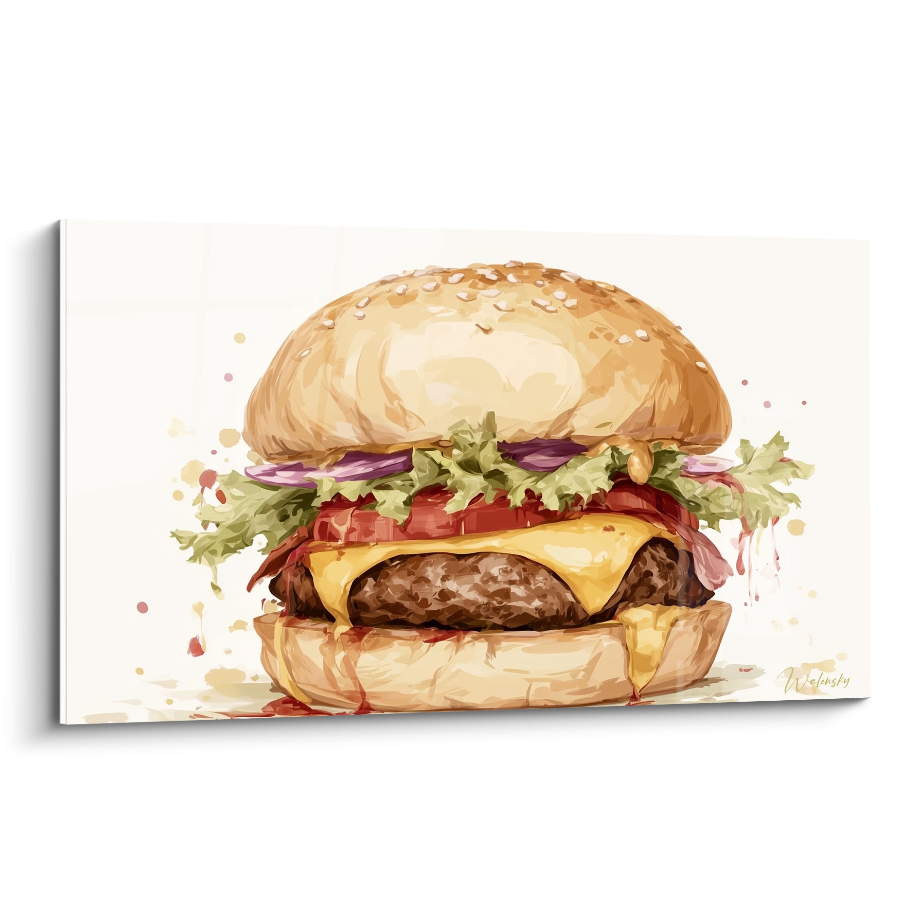 Burger généreux au fromage fondant, pain sésame doré, tomate rouge et oignon violet