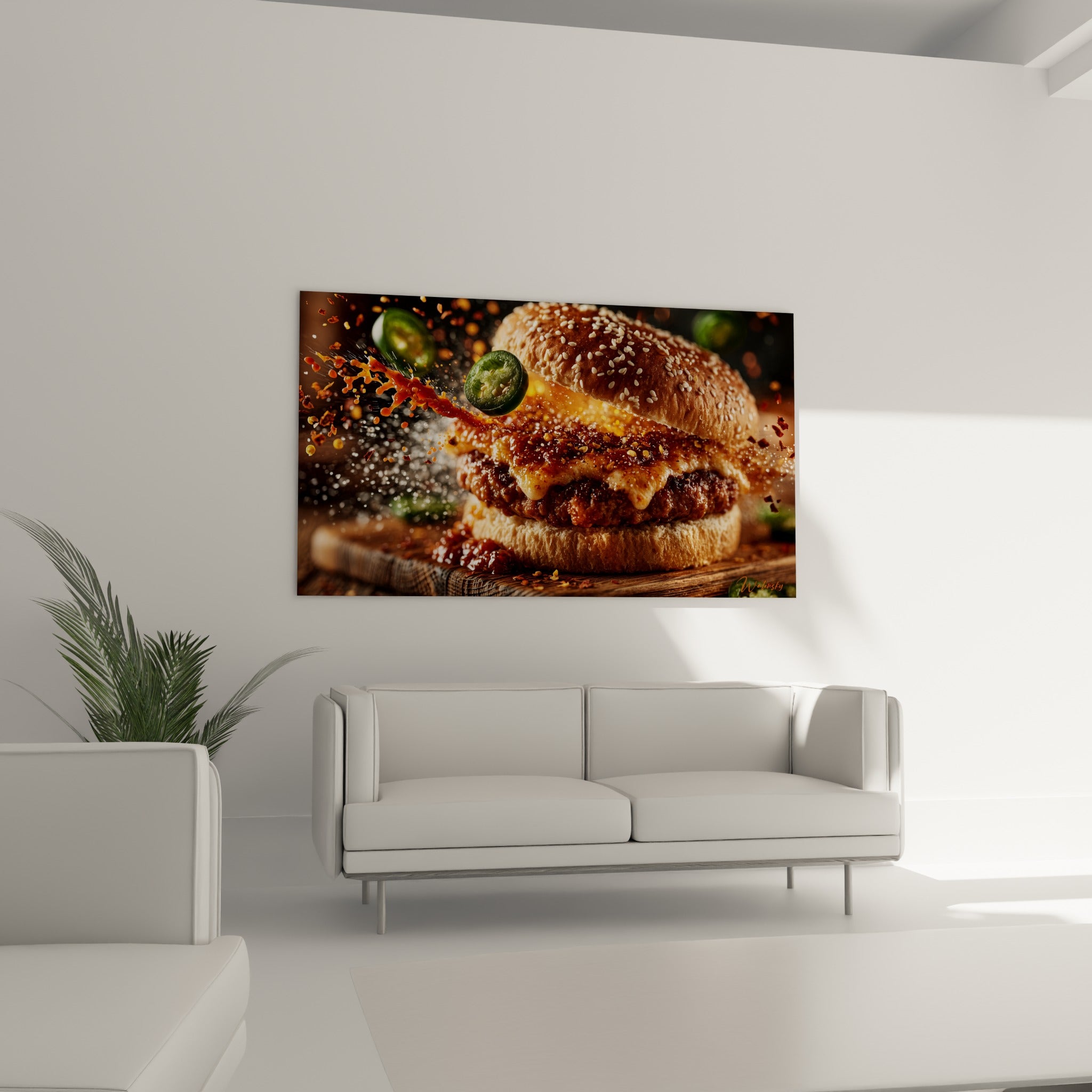 Pain brioché caramel et sauce rouge orangé disposés au-dessus d'un canapé dans un salon lumineux