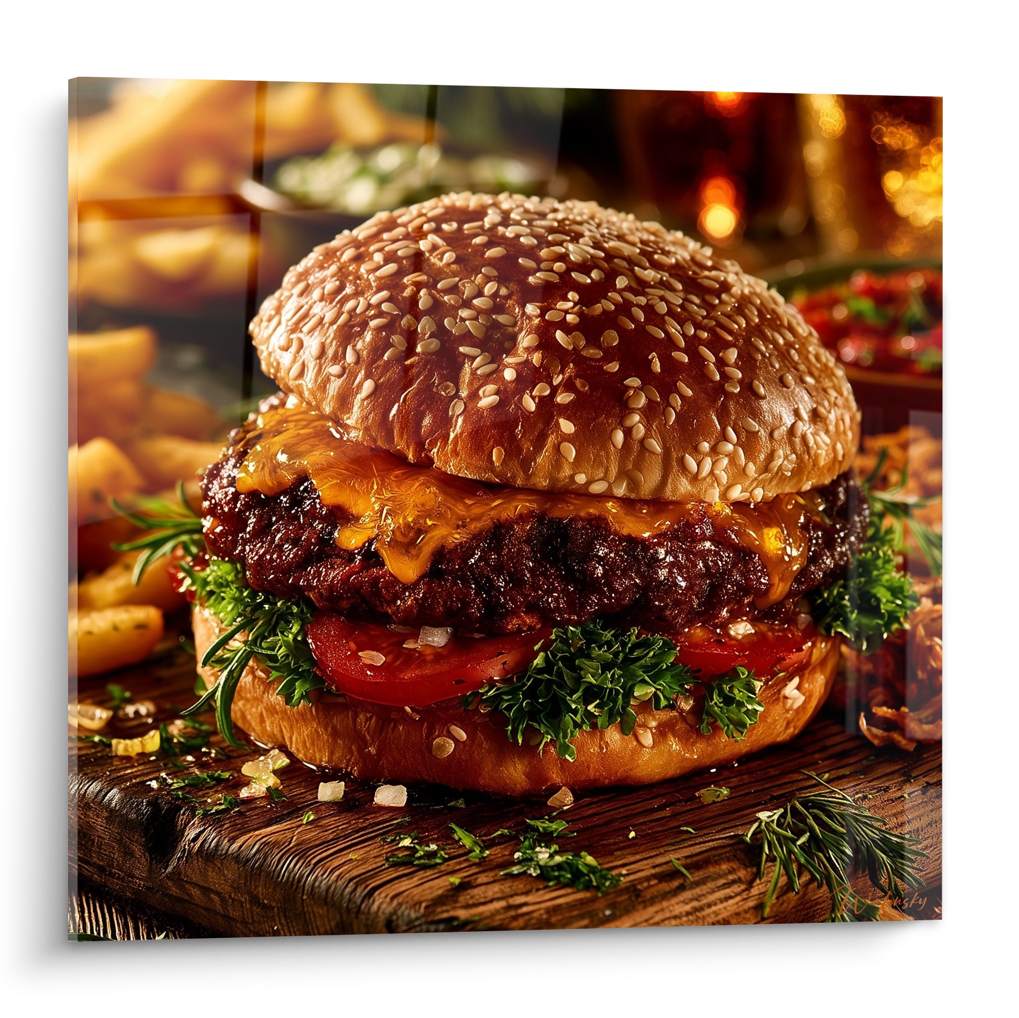 Burger généreux au fromage fondu orangé et viande grillée sur pain doré sésame